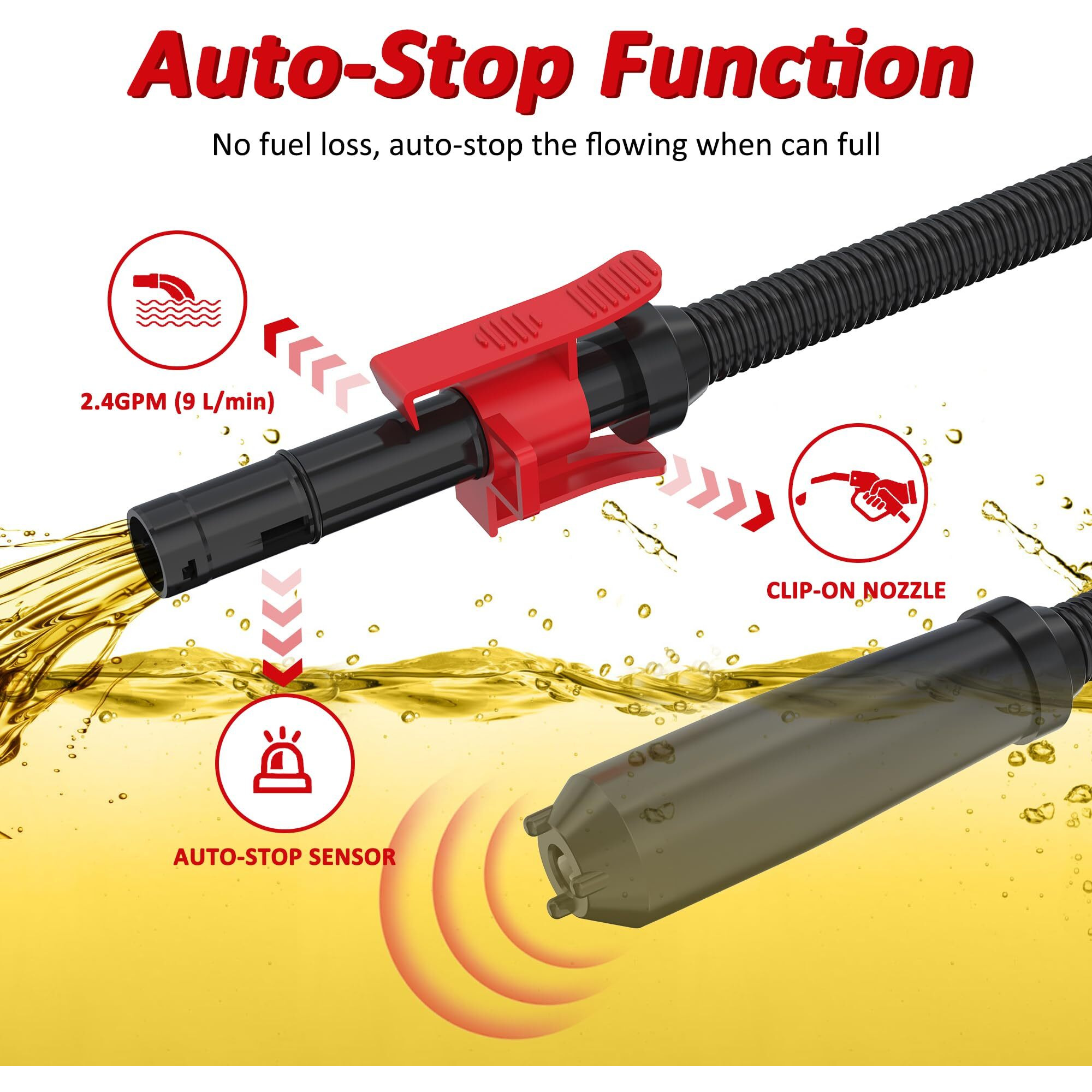 Automatic Fuel Transfer Pump With Auto Stop Sensor, Fast 2.4Gpm, 42-Inch Hose, Overfill Protection, Aa Battery Powered Portable Gas Can Pump With 3 Adapters For Gasoline, Kerosene, Diesel,Oil
