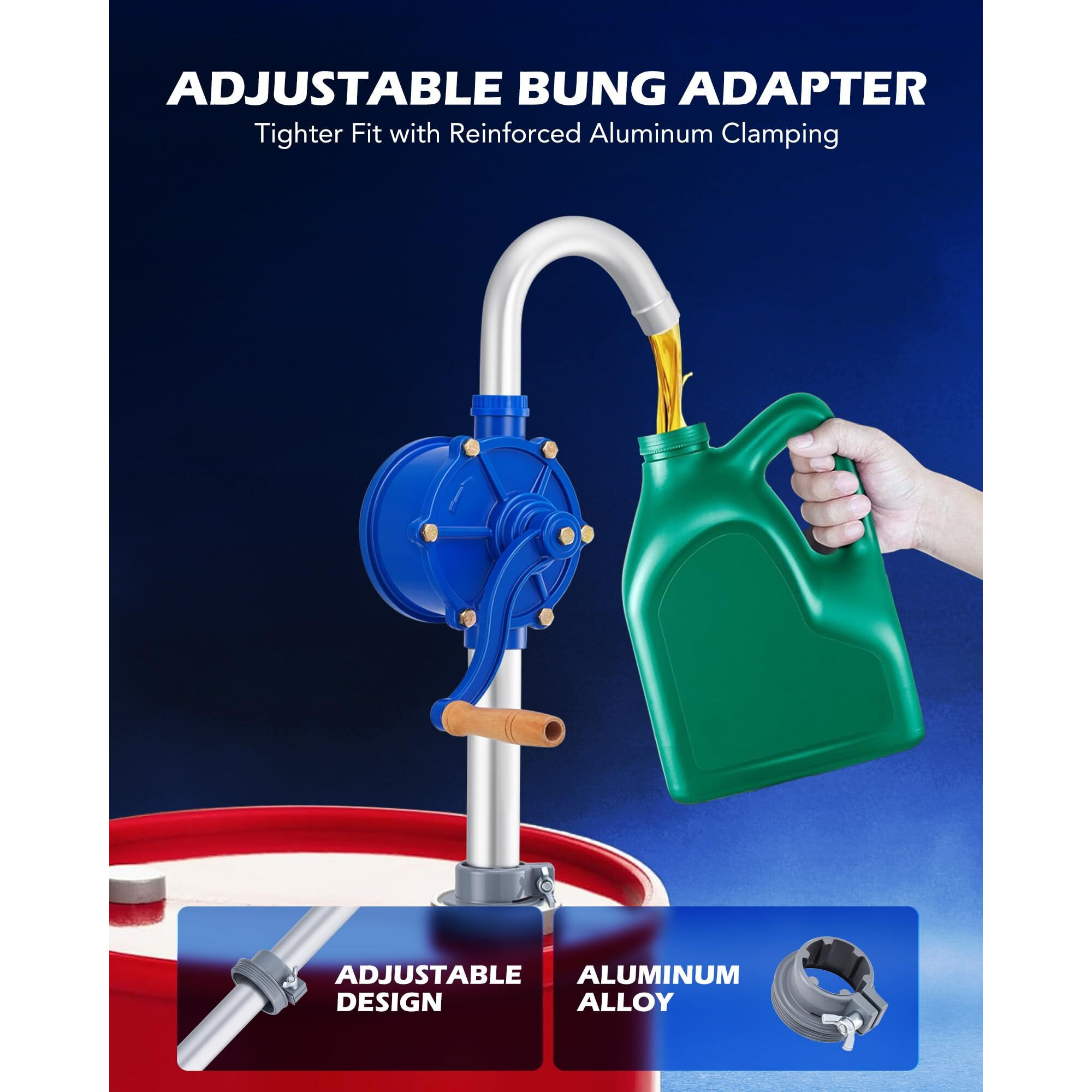 Orion Motor Tech 55 Gallon Drum Pump, Rotary Barrel Pump For Non Corrosive, Diesel, Motor Oil, Transmission Fluid, Fits 5 To 55 Gal Drums, Heavy Duty Aluminum Barrel Pump With 39.4"" Discharge Hose