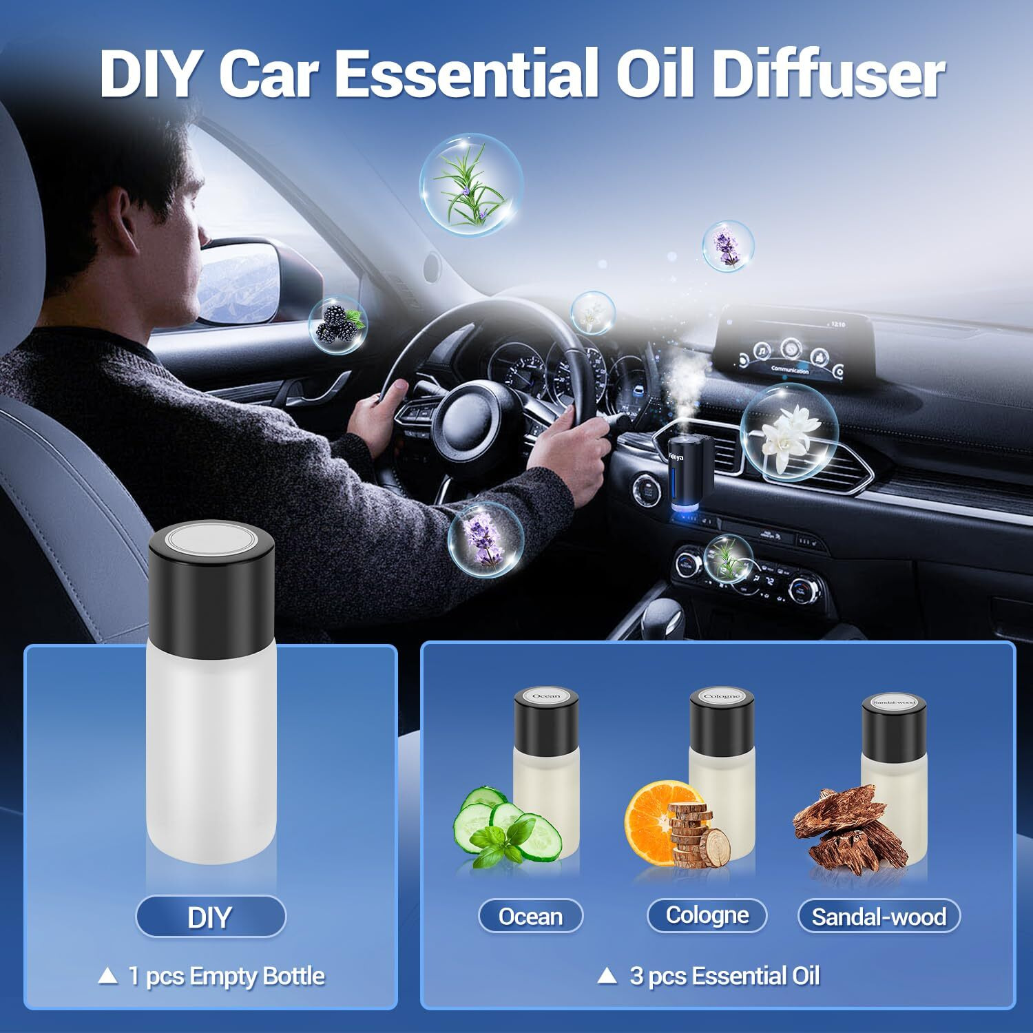 Smart Car Air Freshener, Diy Car Air Freshener Diffuser, Three Adjustable Modes Car Diffuser Freshener, Rechargeable Aromatizante Para Carro With 3Pcs Different Essential Oil For Men, Black