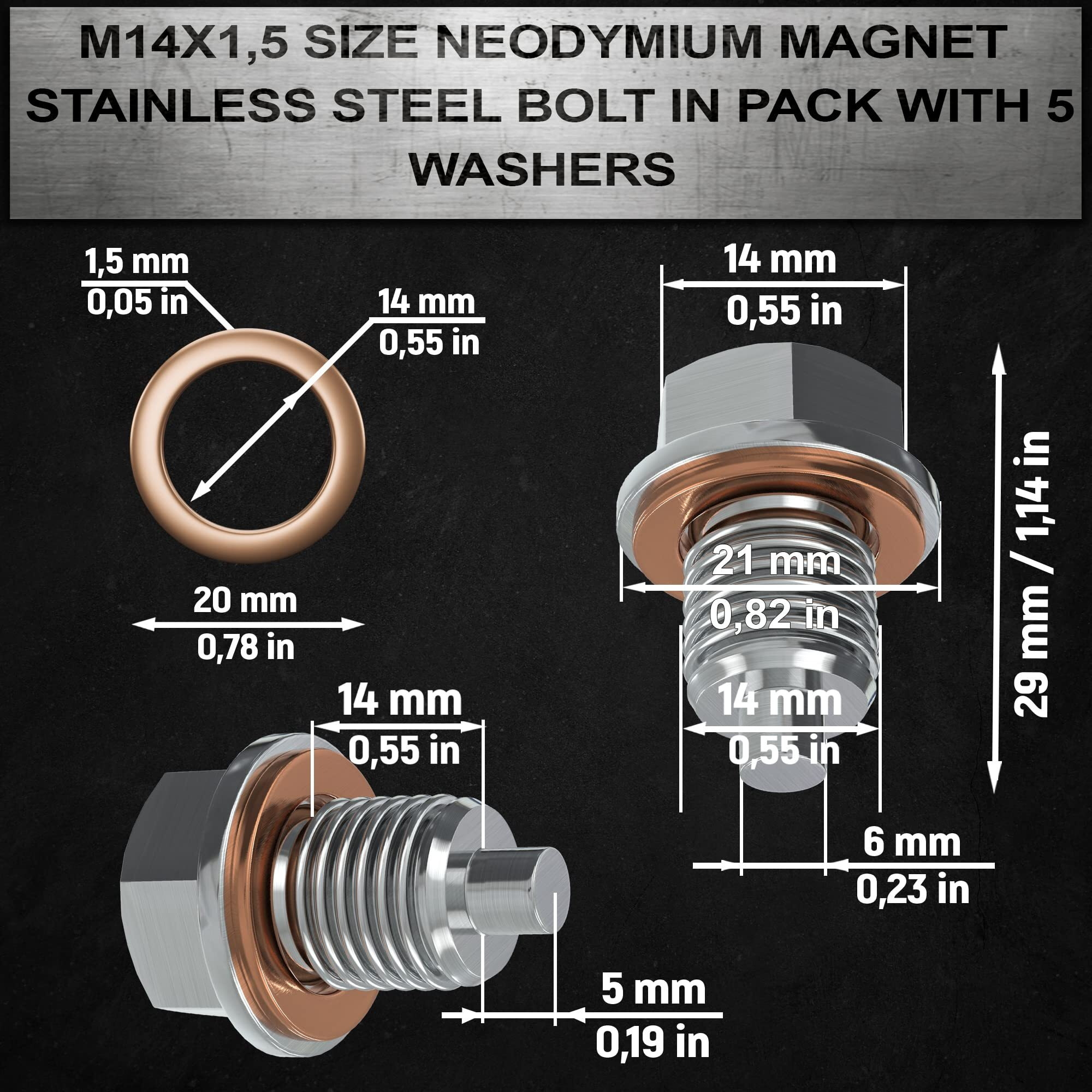 Magnetic Oil Drain Plug M14X1.5 Neodymium Magnet Stainless Steel Bolt 5 Cooper Washer Heavy Duty Oil Plug Anti Leakage Replacement For Car Motorcycle Boat Compatible With Kia Ford Gm Hyundai Acura