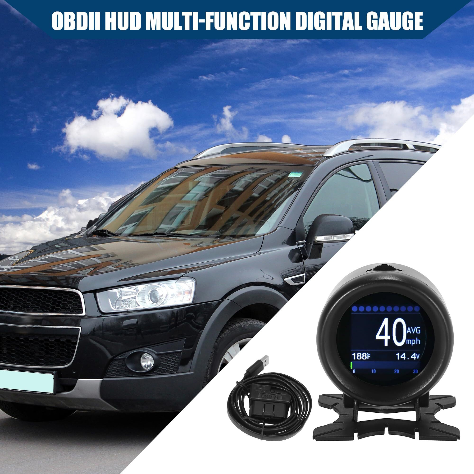 Hihaha Obdii Hud Multi-Function Digital Gauge/Outside Kmh Mph Digital Speedometer Oil Temperature Gauge Battery Voltage Tester Scanner For 12V Obdii Suv Pickup/Durable / 1 Pcs