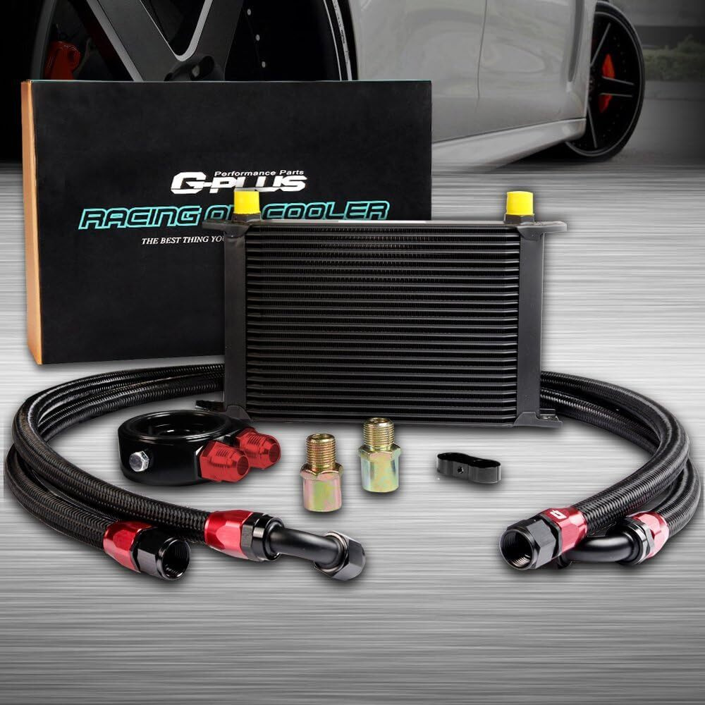 G-Plus Universal 25 Row An10-10An Engine Transmission Oil Cooler Kit Radiator Oil Cooler Condenser Oil Filter Adapter Kit Black Aluminum
