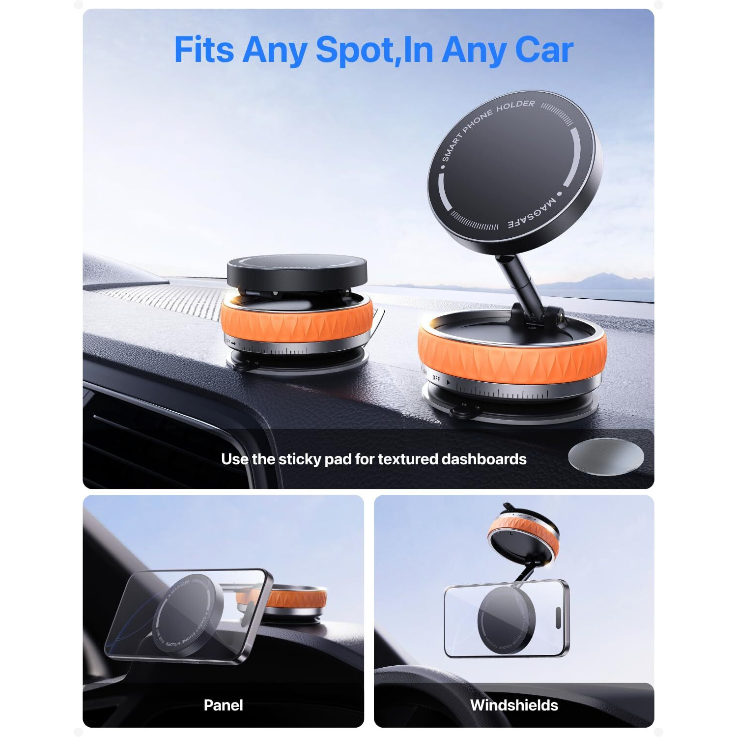 Intoval Vacuum Magnetic Phone Holder For Car, 360 Suction Cup Phone Mount With Snaplock Tech, Adjustable Magnet Stand For Your Car - Fit For Magsafe Iphone, Come With 2 Mag Rings, Flat Nano Sticker