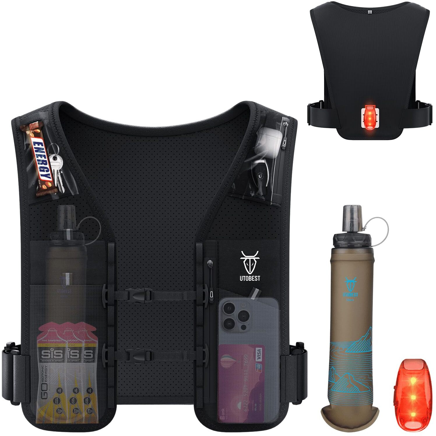 Utobest Running Vest For Women Men With 500Ml/17Oz Soft Water Bottle And Led Safety Light, 5L Phone Holder With Adjustable Belt & Ample Storage Blue