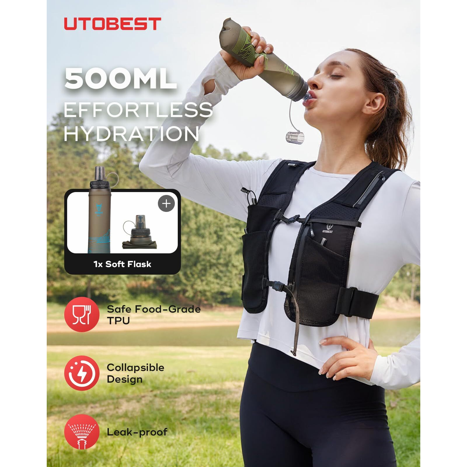 Utobest Running Vest For Women Men With 500Ml/17Oz Soft Water Bottle And Led Safety Light, 5L Phone Holder With Adjustable Belt & Ample Storage Blue