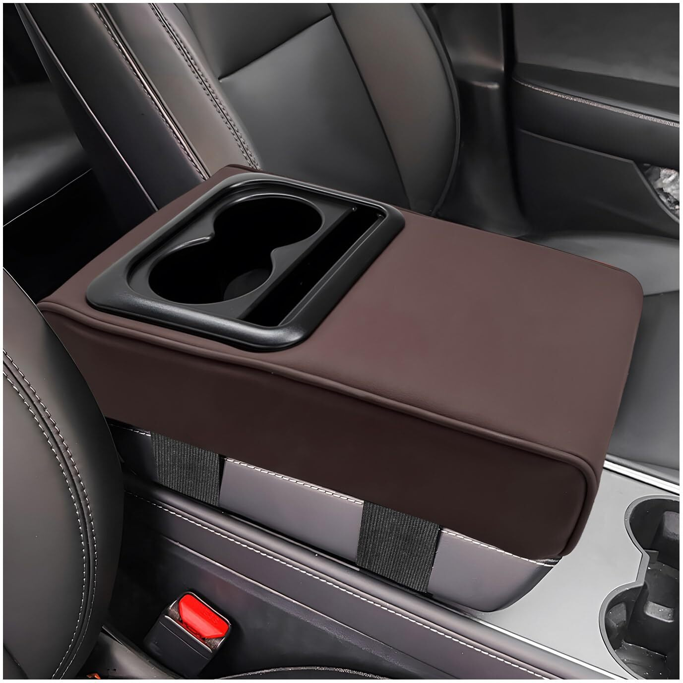 Suvnie Car Center Console Armrest Pillow, Memory Foam Auto Armrest Box Cover With Cup Holder & Phone Holder, Waterproof Leather Arm Rest Protector Cushion, Interior Car Accessories (Coffee)