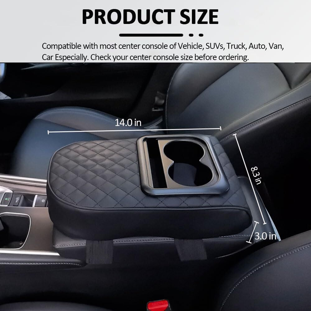 Fqmy Auto Center Console Armrest Pillow, Leather Car Armrest Cushion With Cup Holder, Phone Holder, Universal Car Armrest Box Cover Protector Car Interior Accessories For Most Vehicles