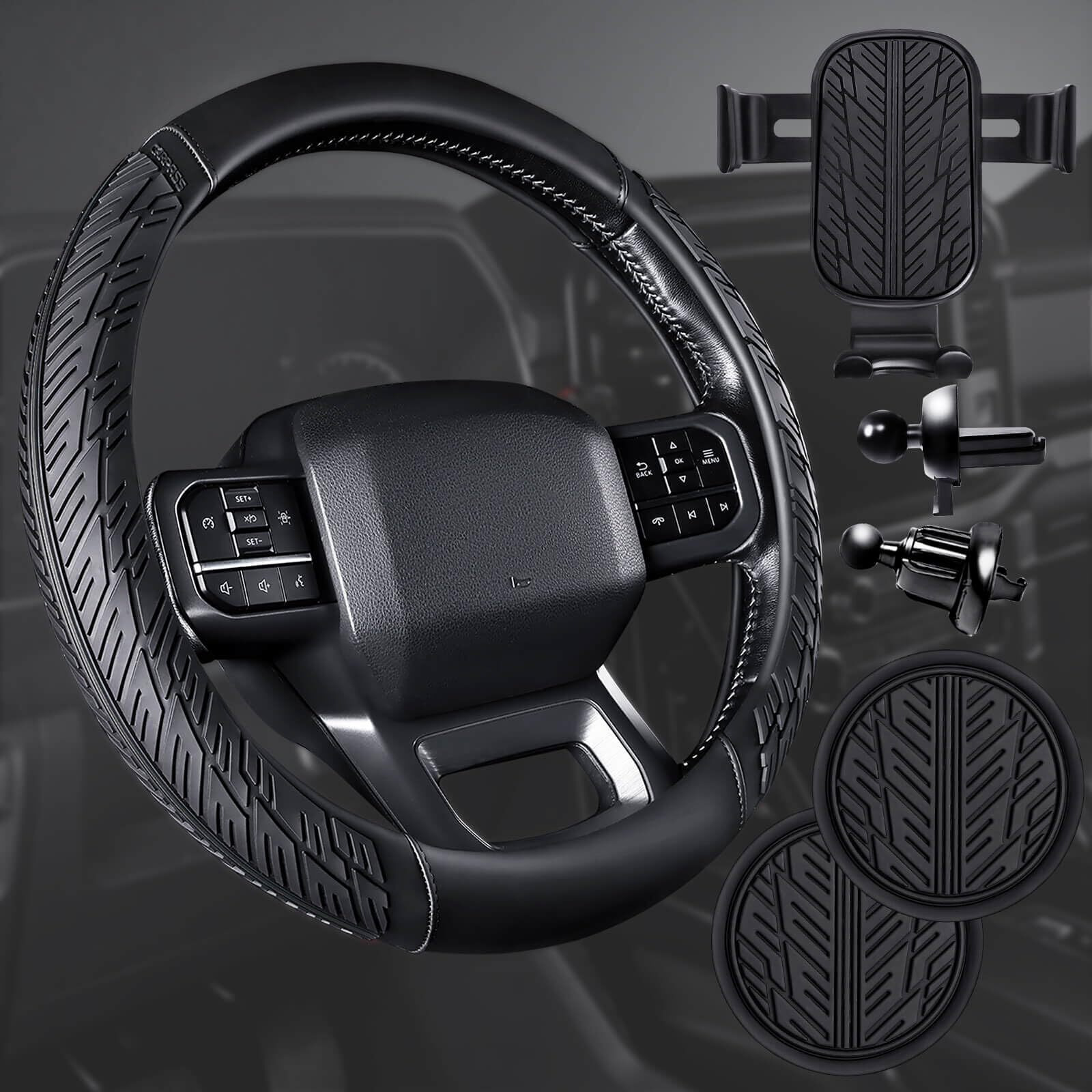 Car Pass Leather Rubber Steering Wheel Cover Combo Set Universal Fit For Truck Suv Car Ram F150 Tundra 4Runner Tacoma Mobile Phone Holder Anti-Slip Heavy Duty Tire Tread Large-Size 15.5""-16"" Black