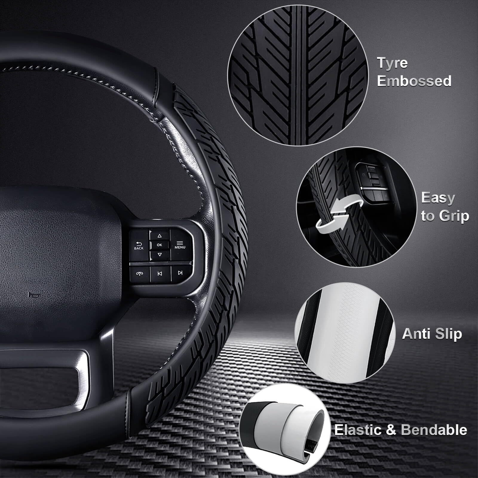 Car Pass Leather Rubber Steering Wheel Cover Combo Set Universal Fit For Truck Suv Car Ram F150 Tundra 4Runner Tacoma Mobile Phone Holder Anti-Slip Heavy Duty Tire Tread Large-Size 15.5""-16"" Black