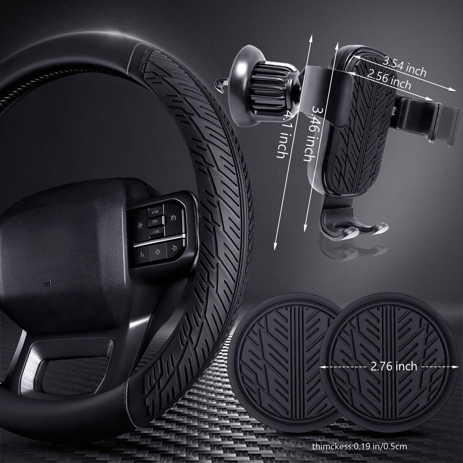 Car Pass Leather Rubber Steering Wheel Cover Combo Set Universal Fit For Truck Suv Car Ram F150 Tundra 4Runner Tacoma Mobile Phone Holder Anti-Slip Heavy Duty Tire Tread Large-Size 15.5""-16"" Black