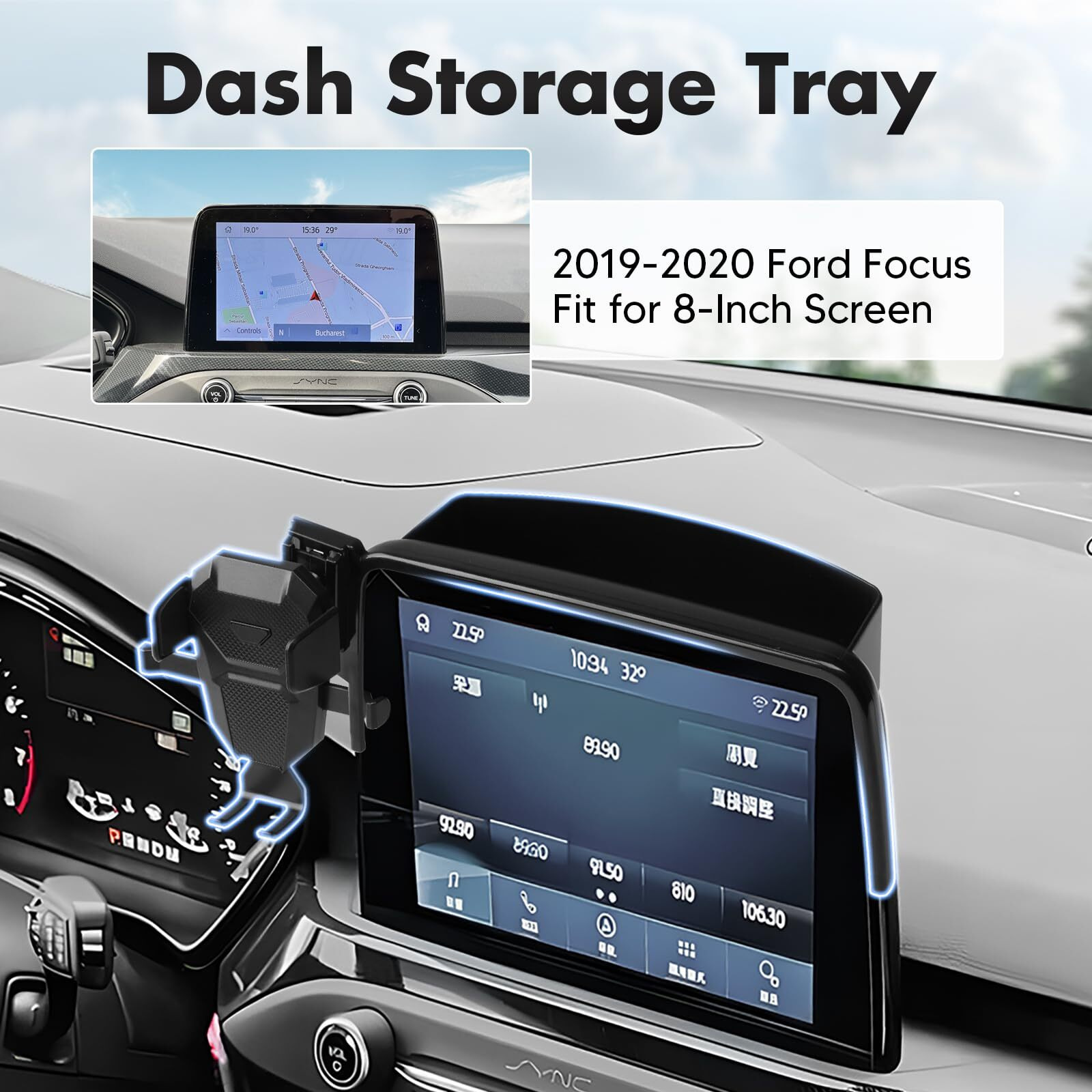 Fiilines Dashboard Storage Tray & Phone Holder Compatible With Ford Focus 2012 2013 2014 2015 2016 2017 2018 (Fit 8"" Touch Screen) Dash Center Console Organizer Cell Phone Mount Interior Accessories
