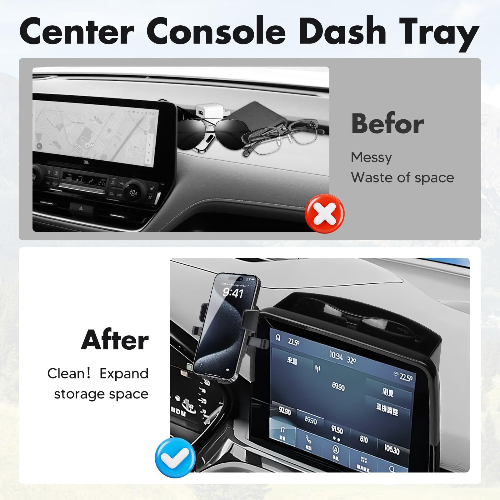Fiilines Dashboard Storage Tray & Phone Holder Compatible With Ford Focus 2012 2013 2014 2015 2016 2017 2018 (Fit 8"" Touch Screen) Dash Center Console Organizer Cell Phone Mount Interior Accessories