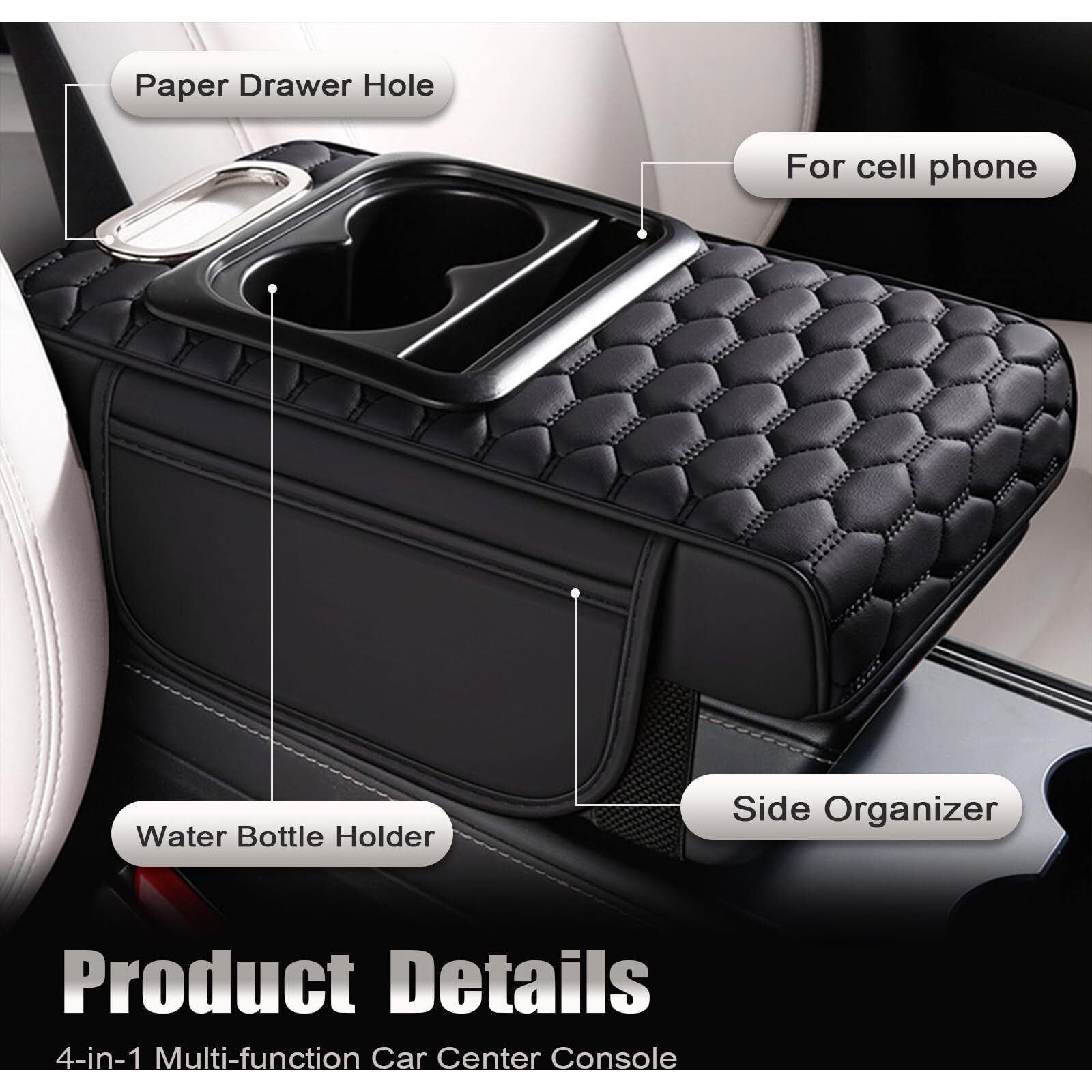 Priprilod Black Car Center Console Armrest Pillow, Memory Foam With Cup Holder & Cell Phone Holder, Multifunctional Car Center Console Organizer, Universal Fit For Most Car Interior Accessories