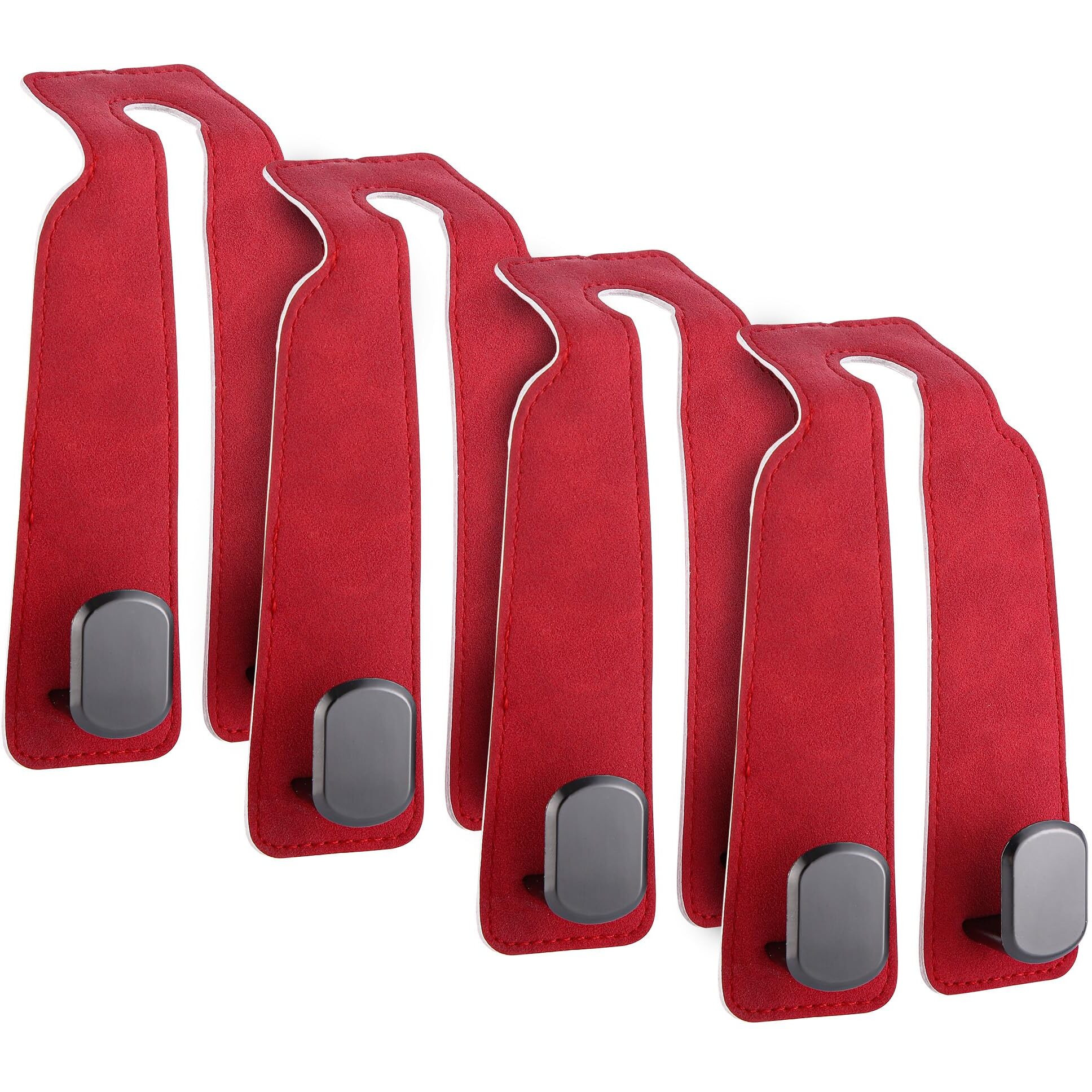 4Pcs Car Seat Hooks For Headrest, Sued Leather And Zinc Alloy Purse Hook For Car, Double Hooks Purse Holder For Car & Mobile Phone Holder, Car Seat Hanger For Purses & Bags (Red & Silver)