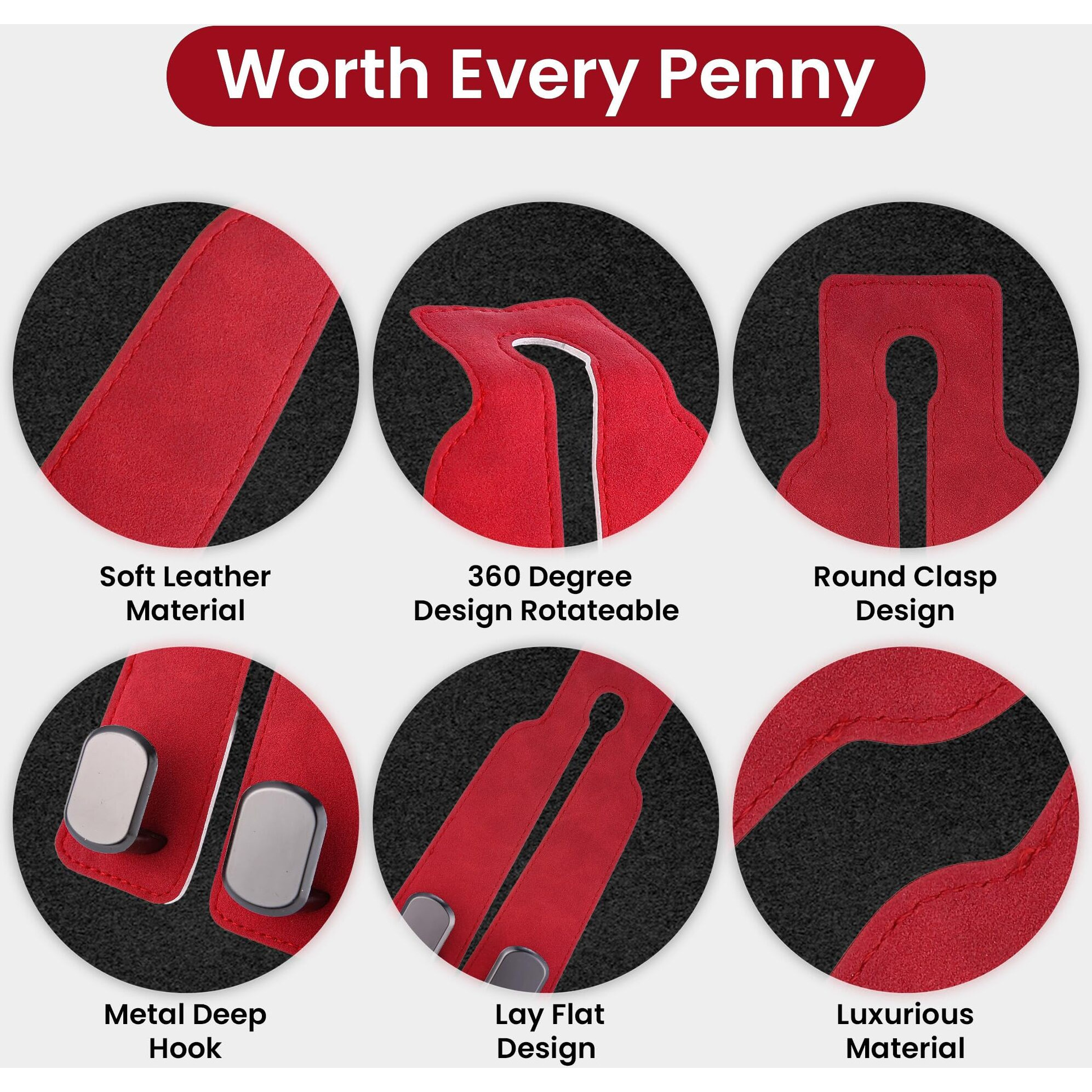 4Pcs Car Seat Hooks For Headrest, Sued Leather And Zinc Alloy Purse Hook For Car, Double Hooks Purse Holder For Car & Mobile Phone Holder, Car Seat Hanger For Purses & Bags (Red & Silver)