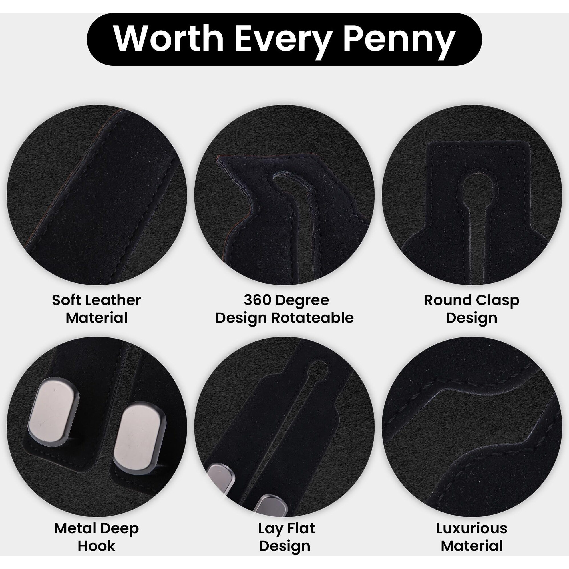 4Pcs Car Seat Hooks For Headrest, Sued Leather And Zinc Alloy Purse Hook For Car, Double Hooks Purse Holder For Car & Mobile Phone Holder, Car Seat Hanger Hooks For Purses & Bags (Black & Silver)