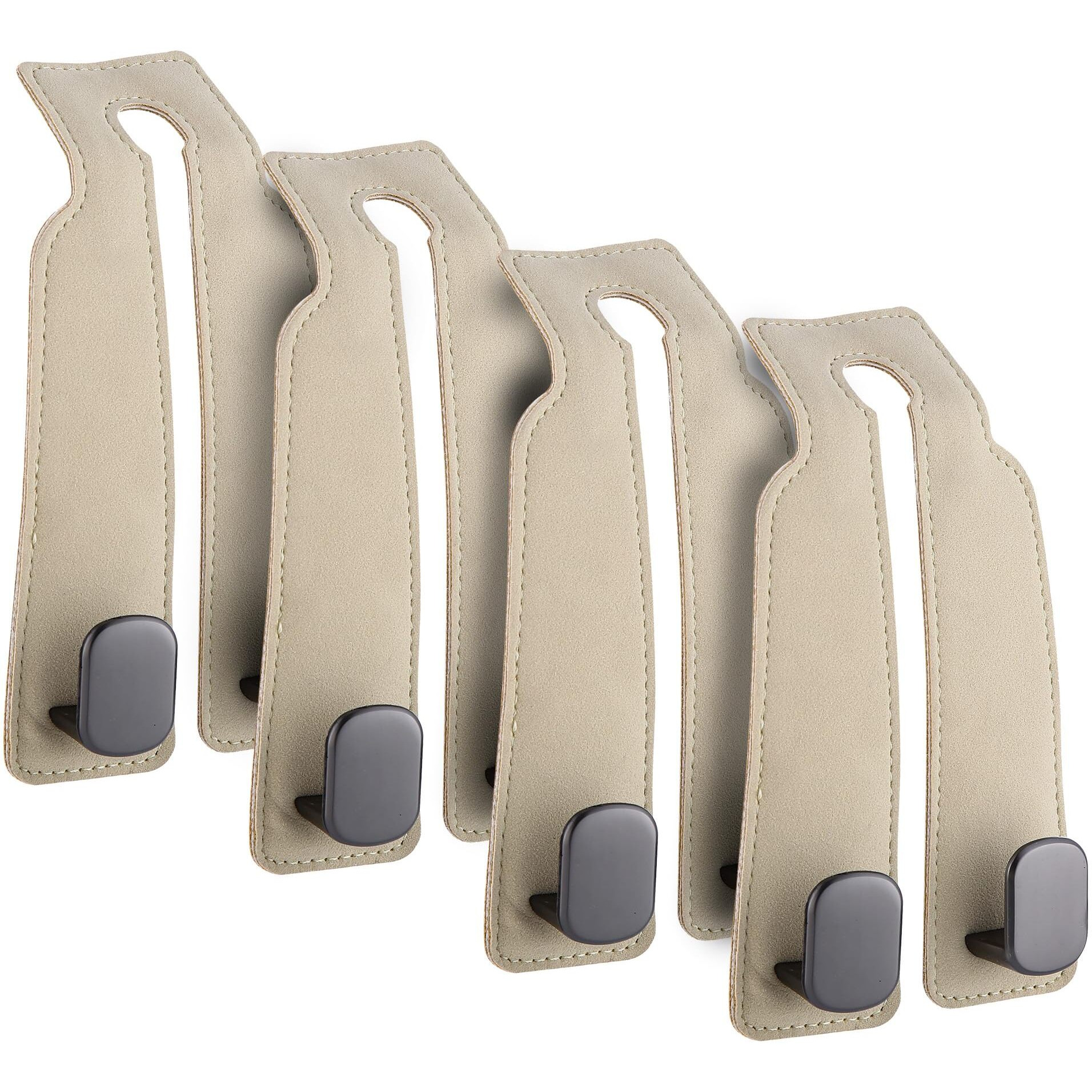 4Pcs Car Seat Hooks For Headrest, Sued Leather And Zinc Alloy Purse Hook For Car, Double Hooks Purse Holder For Car & Mobile Phone Holder, Car Seat Hanger For Purses & Bags (Beige & Silver)