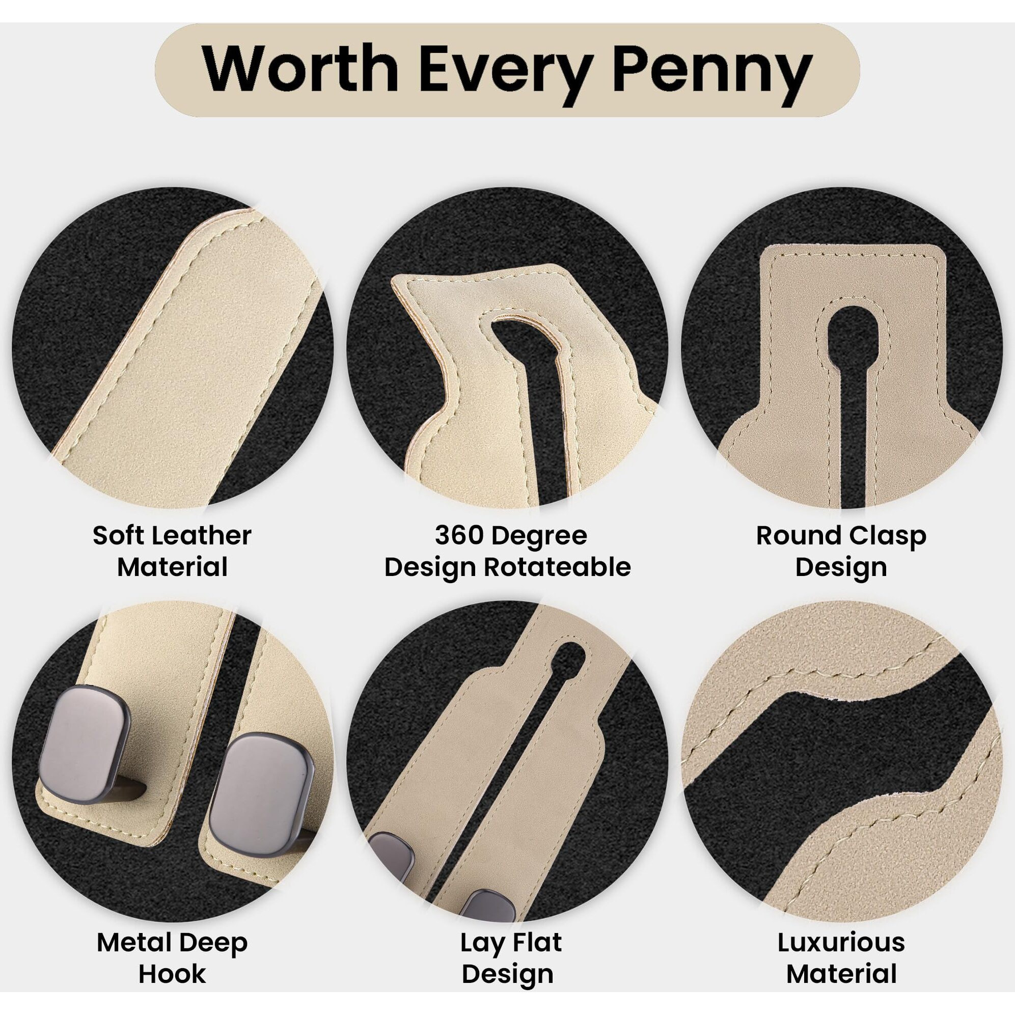 4Pcs Car Seat Hooks For Headrest, Sued Leather And Zinc Alloy Purse Hook For Car, Double Hooks Purse Holder For Car & Mobile Phone Holder, Car Seat Hanger For Purses & Bags (Beige & Silver)