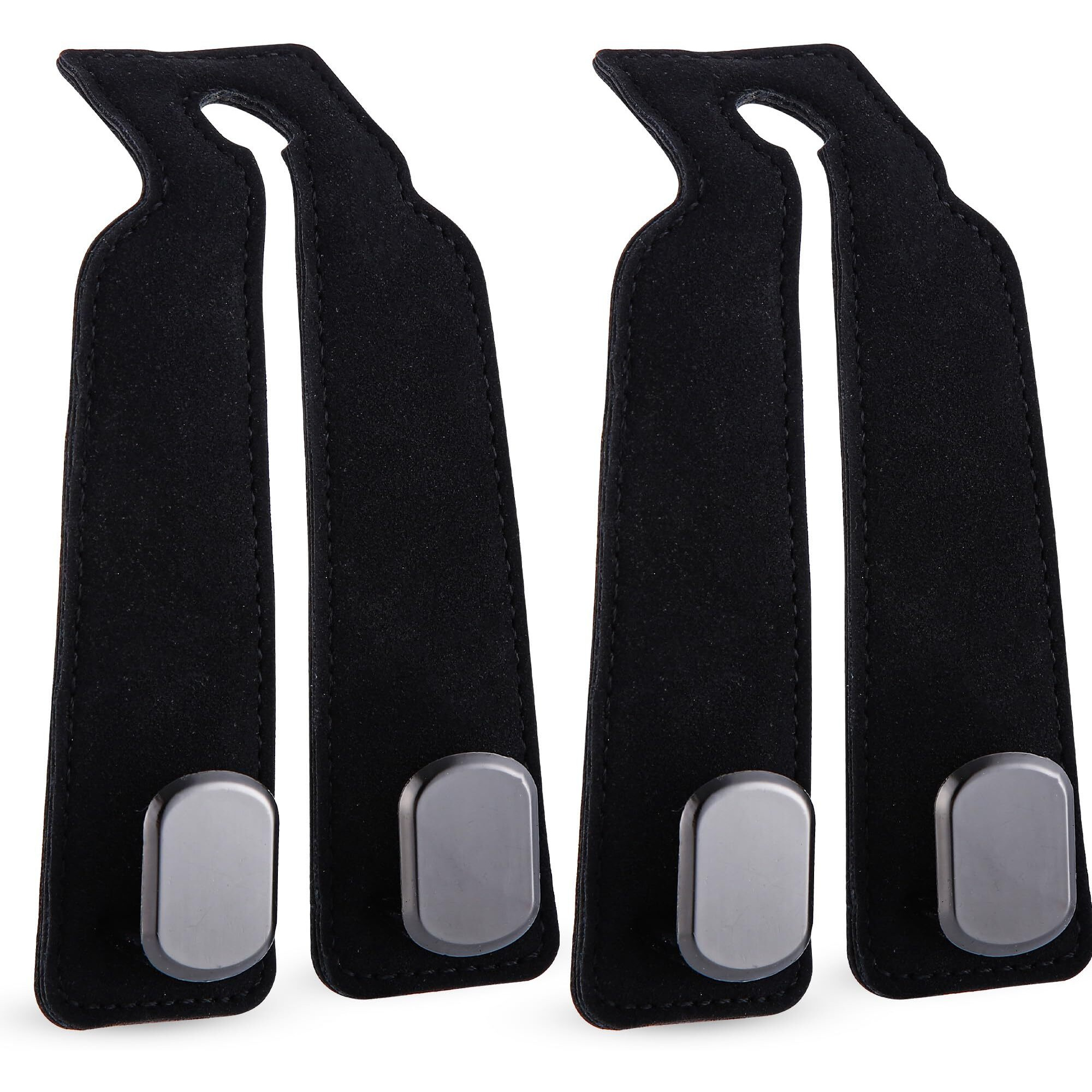 2Pcs Car Seat Hooks For Headrest, Sued Leather And Zinc Alloy Purse Hook For Car, Double Hooks Purse Holder For Car & Mobile Phone Holder, Car Seat Hanger For Purses & Bags (Black & Silver)