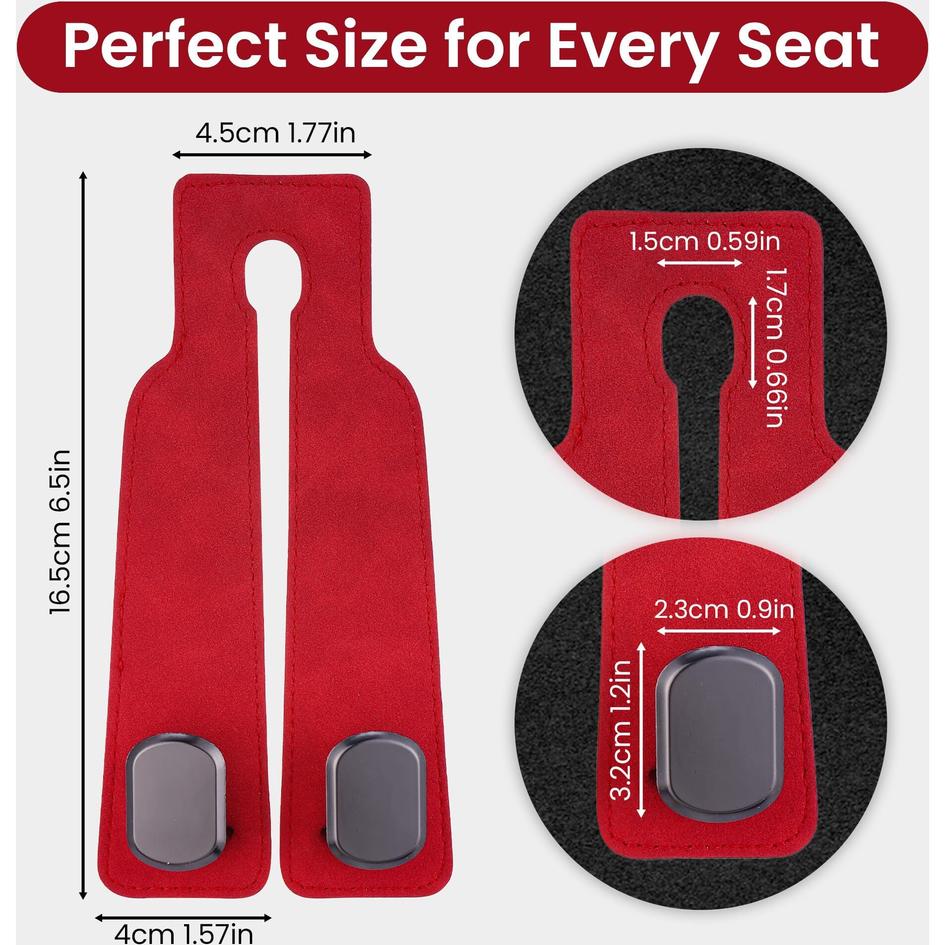 2Pcs Car Seat Hooks For Headrest, Sued Leather And Zinc Alloy Purse Hook For Car, Double Hooks Purse Holder For Car & Mobile Phone Holder, Car Seat Hanger For Purses & Bags (Red & Silver)
