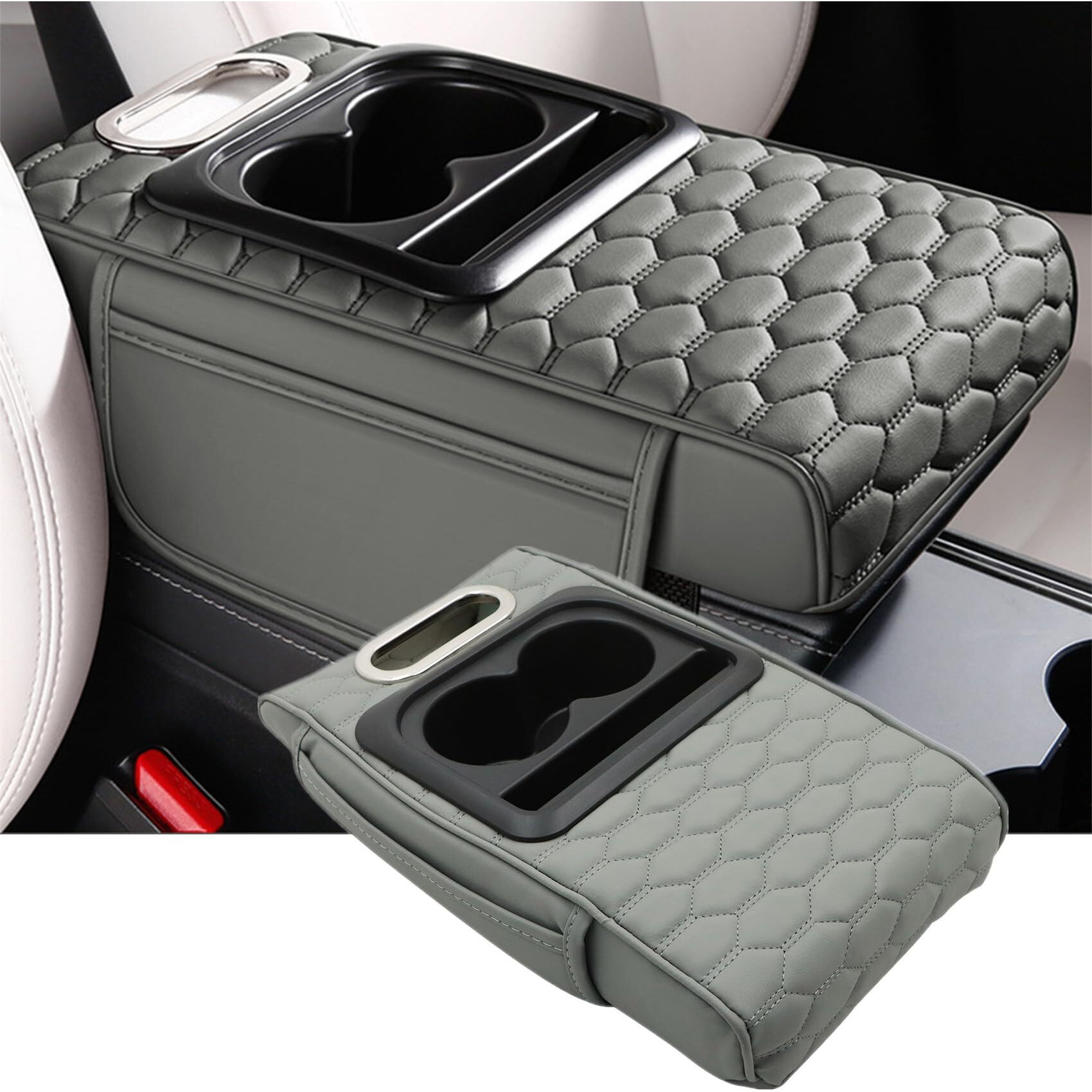 Priprilod Gray Car Center Console Armrest Pillow, Memory Foam With Cup Holder And Cell Phone Holder, Multifunctional Car Center Console Organizer, Universal Fit For Most Car Interior Accessories