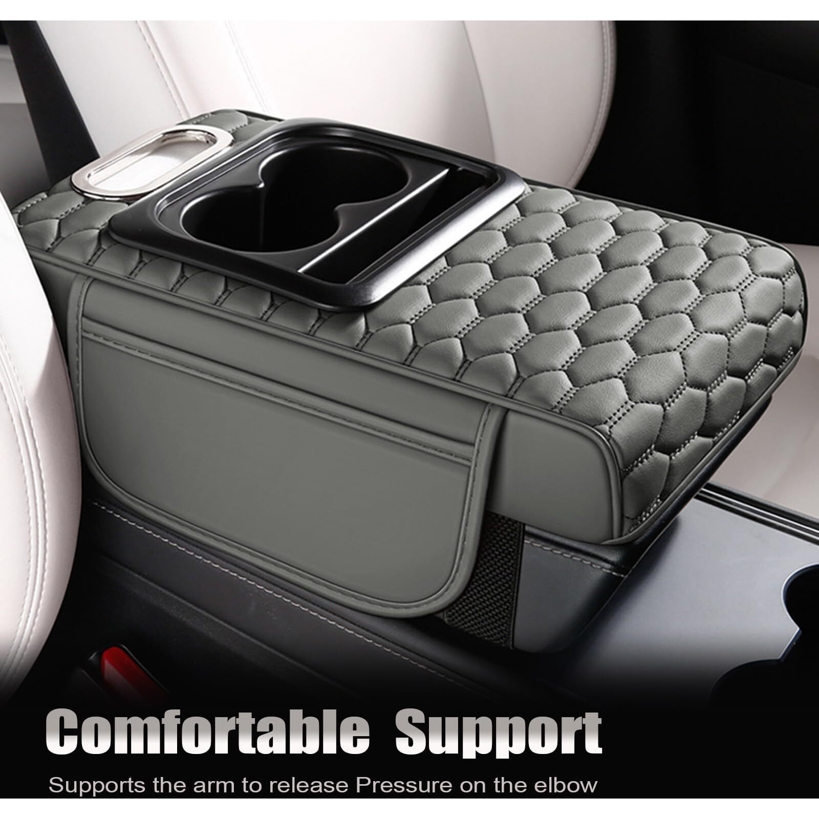 Priprilod Gray Car Center Console Armrest Pillow, Memory Foam With Cup Holder And Cell Phone Holder, Multifunctional Car Center Console Organizer, Universal Fit For Most Car Interior Accessories