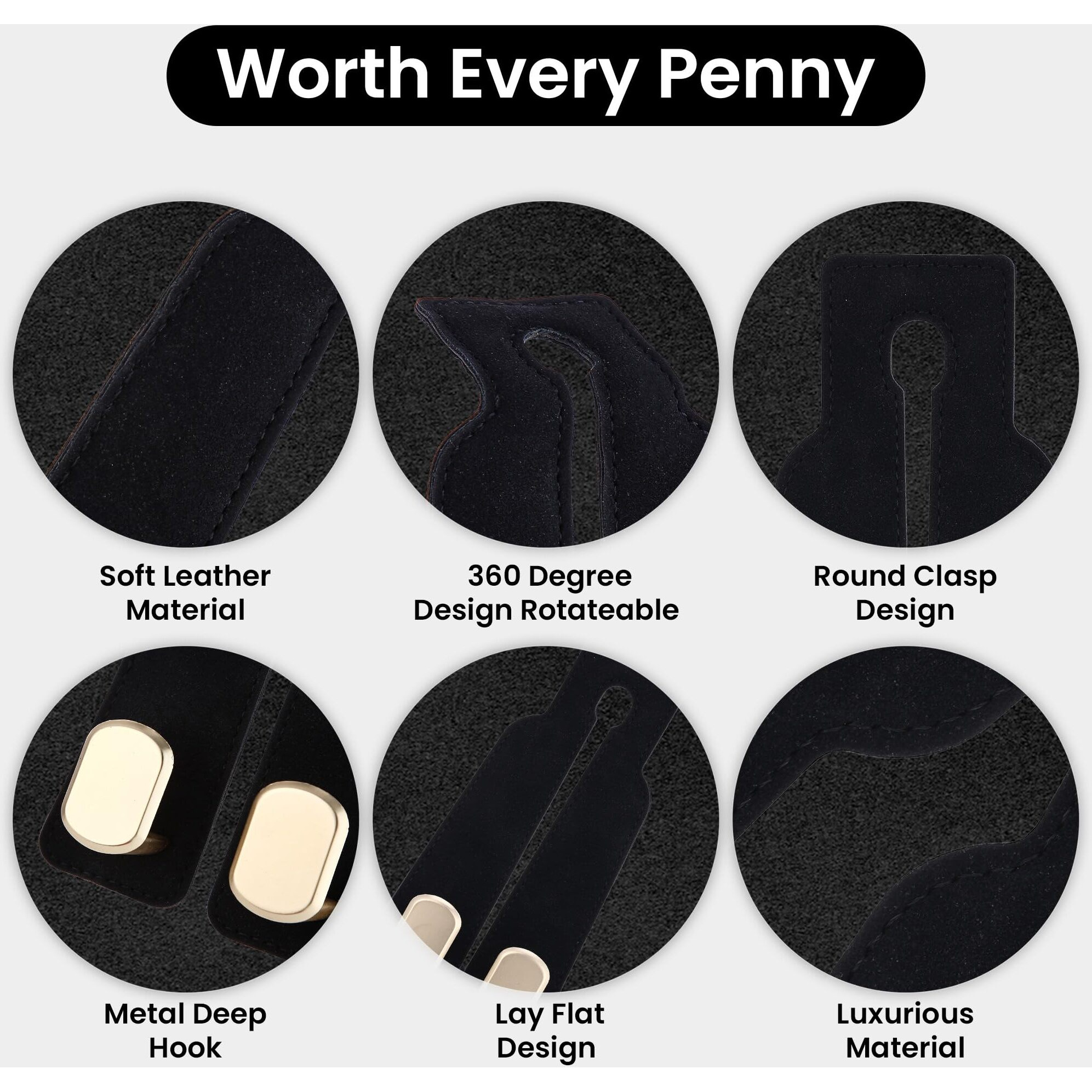 2Pcs Car Seat Hooks For Headrest, Sued Leather & Zinc Alloy Purse Hook For Car, Double Hooks Purse Holder For Car & Mobile Phone Holder, Car Seat Hanger Hooks For Purses And Bags (Black & Matt Gold)