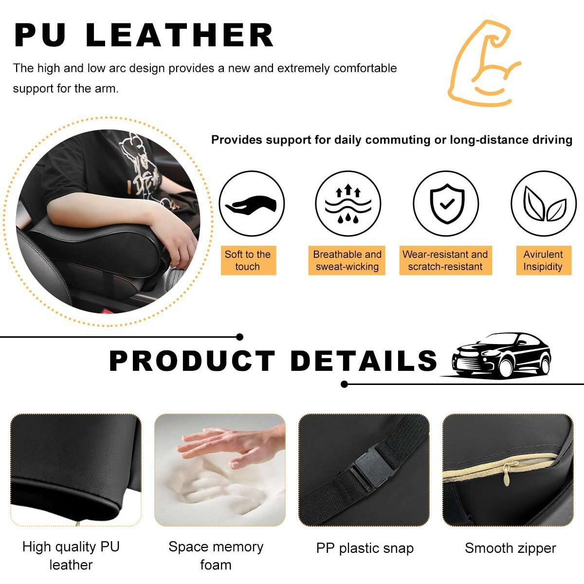Shmzk Car Armrest Cushion, Memory Foam Auto Armrest Cushion Pad With Phone Holder Storage Bag, Leather Center Console Armrest Pillow For Most Vehicles, Universal Car Accessories (Black)