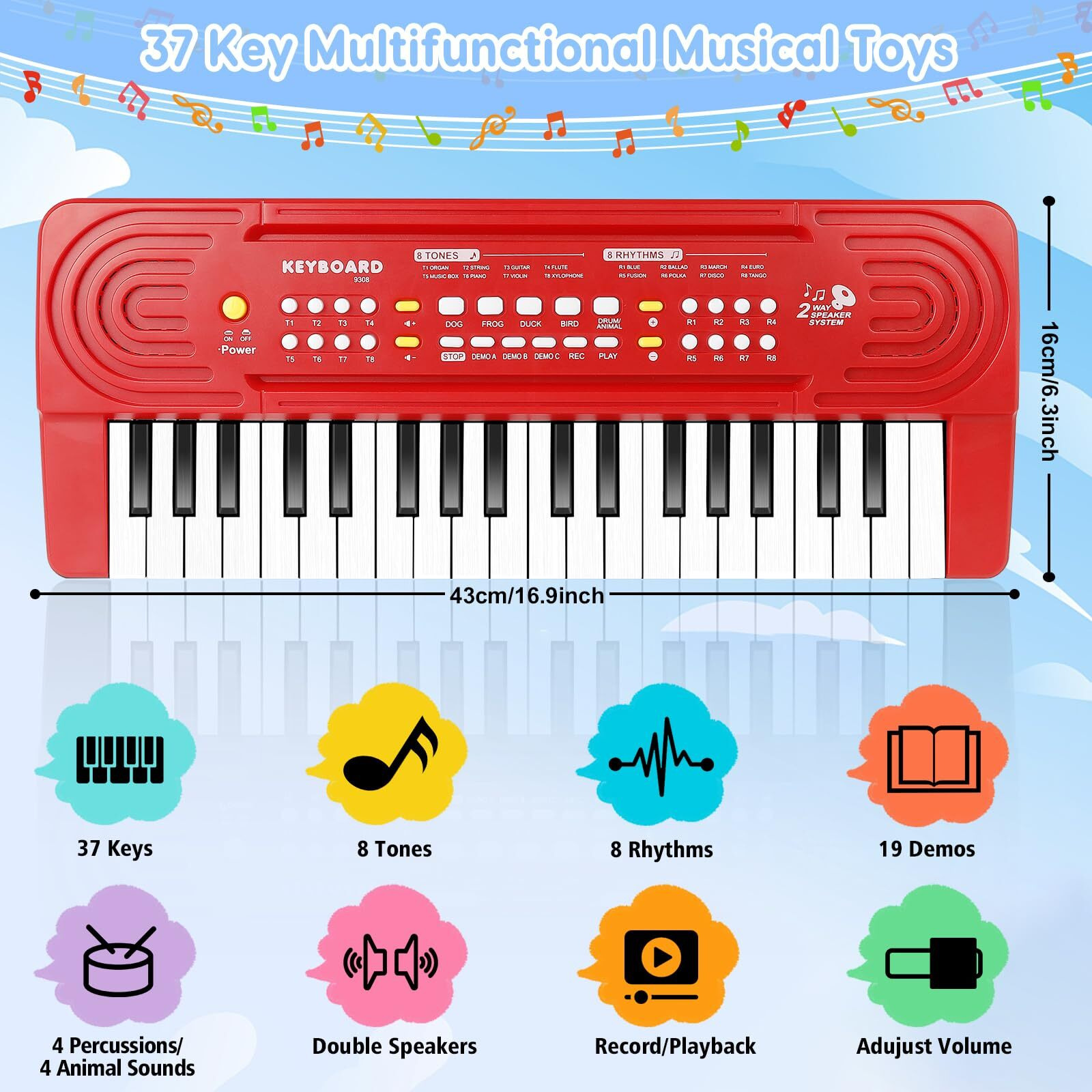 Kids Toddler Toy Piano Keyboard, 37 Key Pianos For Kid Music Toys Instruments With Microphone Dual Speaker Ideal For 3 4 5 6 7 8 Year Old Girl Boy Birthday/Christmas Day Gift (Red)