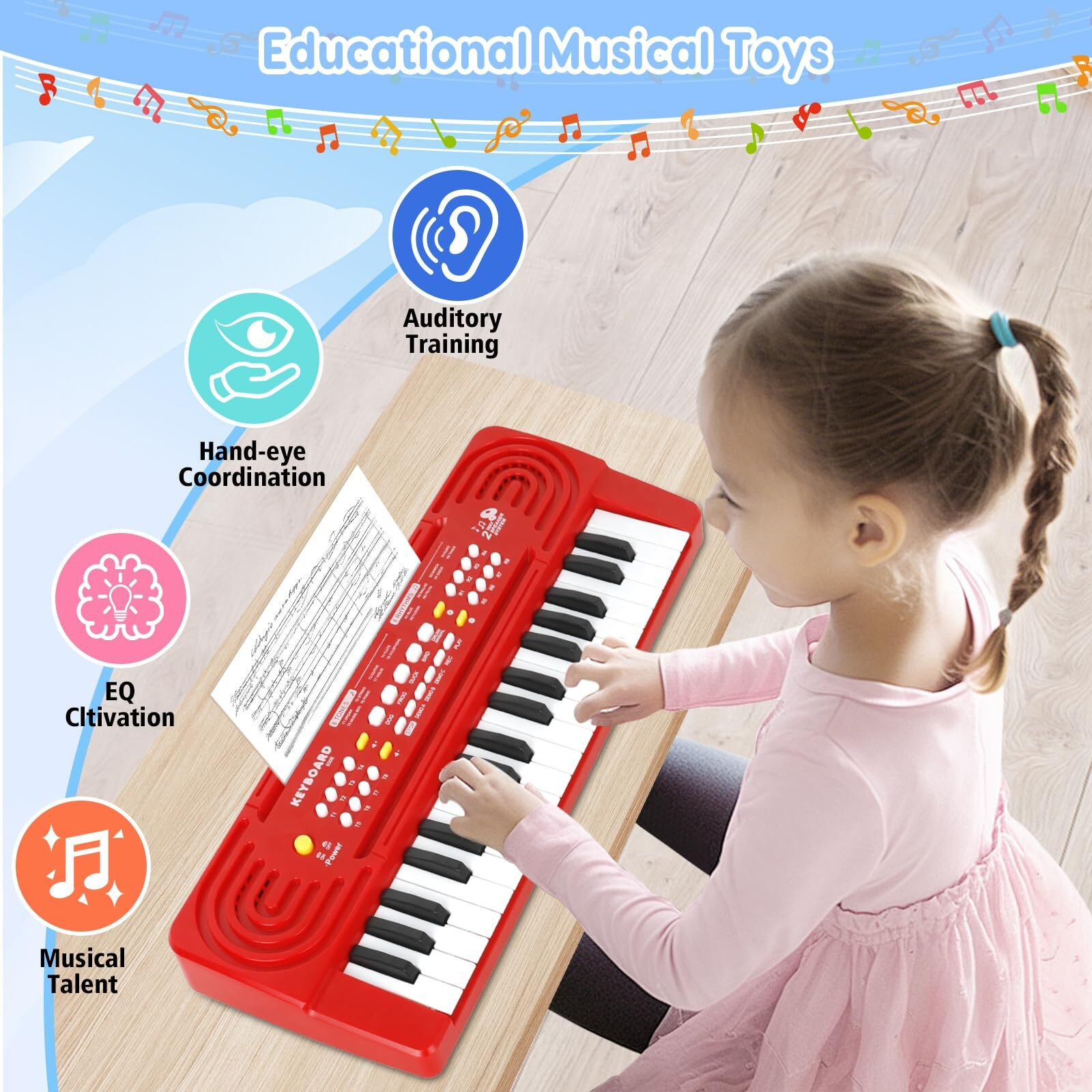 Kids Toddler Toy Piano Keyboard, 37 Key Pianos For Kid Music Toys Instruments With Microphone Dual Speaker Ideal For 3 4 5 6 7 8 Year Old Girl Boy Birthday/Christmas Day Gift (Red)