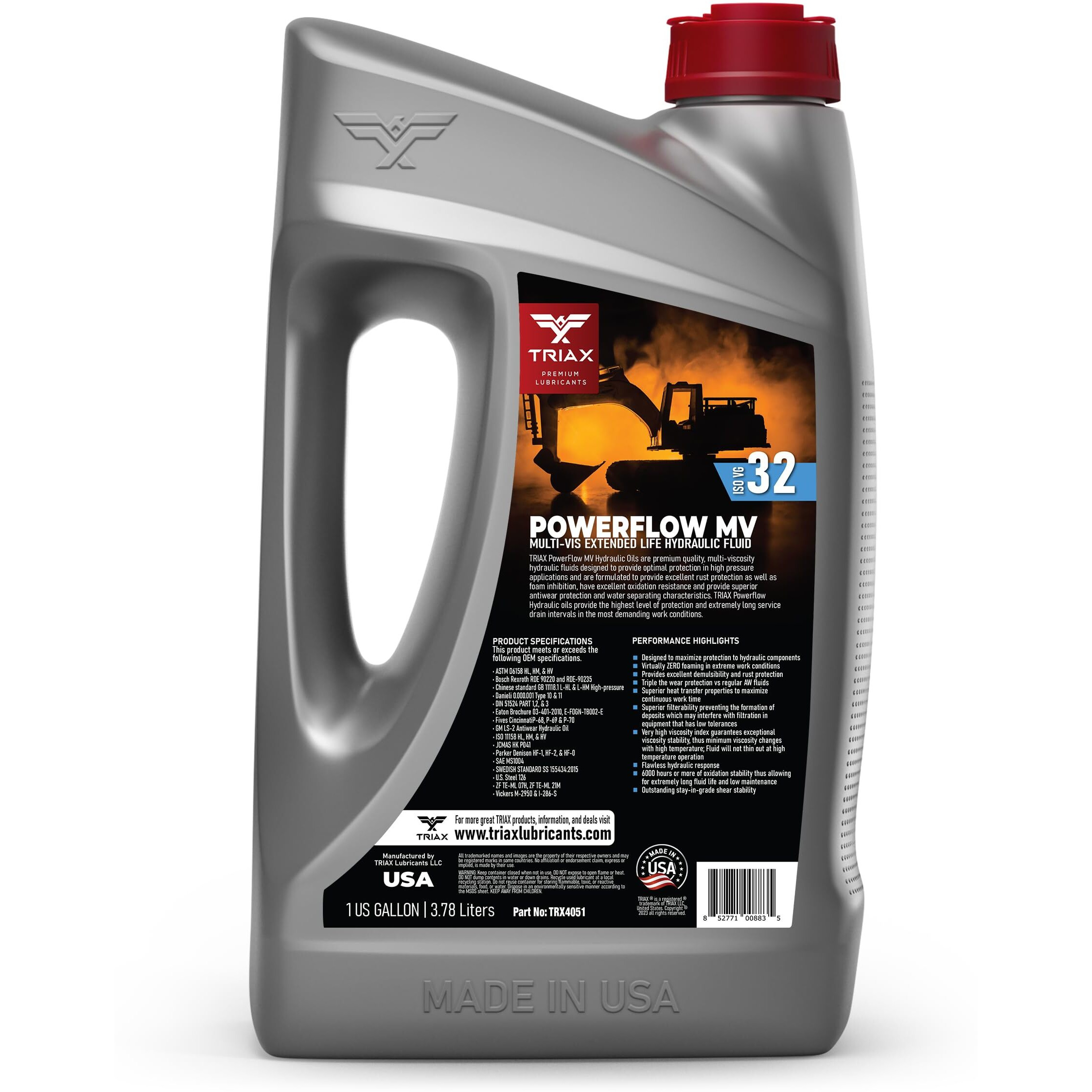 Triax Powerflow Mv 32 Hydraulic Oil, 6000 Hour Extended Life, Double Anti-Wear, True All Season, -40 F Pour Point (4 Gallon Pack)