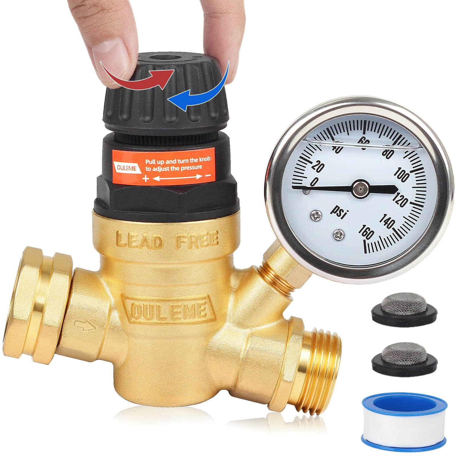 Ouleme Rv Water Pressure Regulator Valve With Handle Adjustable, Silicone Oil Gauge, Double Filters, Brass Lead-Free And 3/4"" Connector For Camper Travel Trailer Water Pressure Control