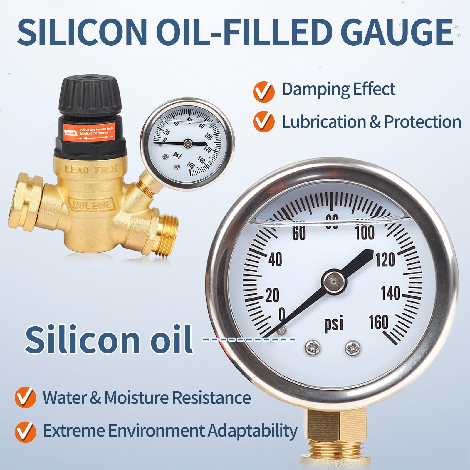 Ouleme Rv Water Pressure Regulator Valve With Handle Adjustable, Silicone Oil Gauge, Double Filters, Brass Lead-Free And 3/4"" Connector For Camper Travel Trailer Water Pressure Control