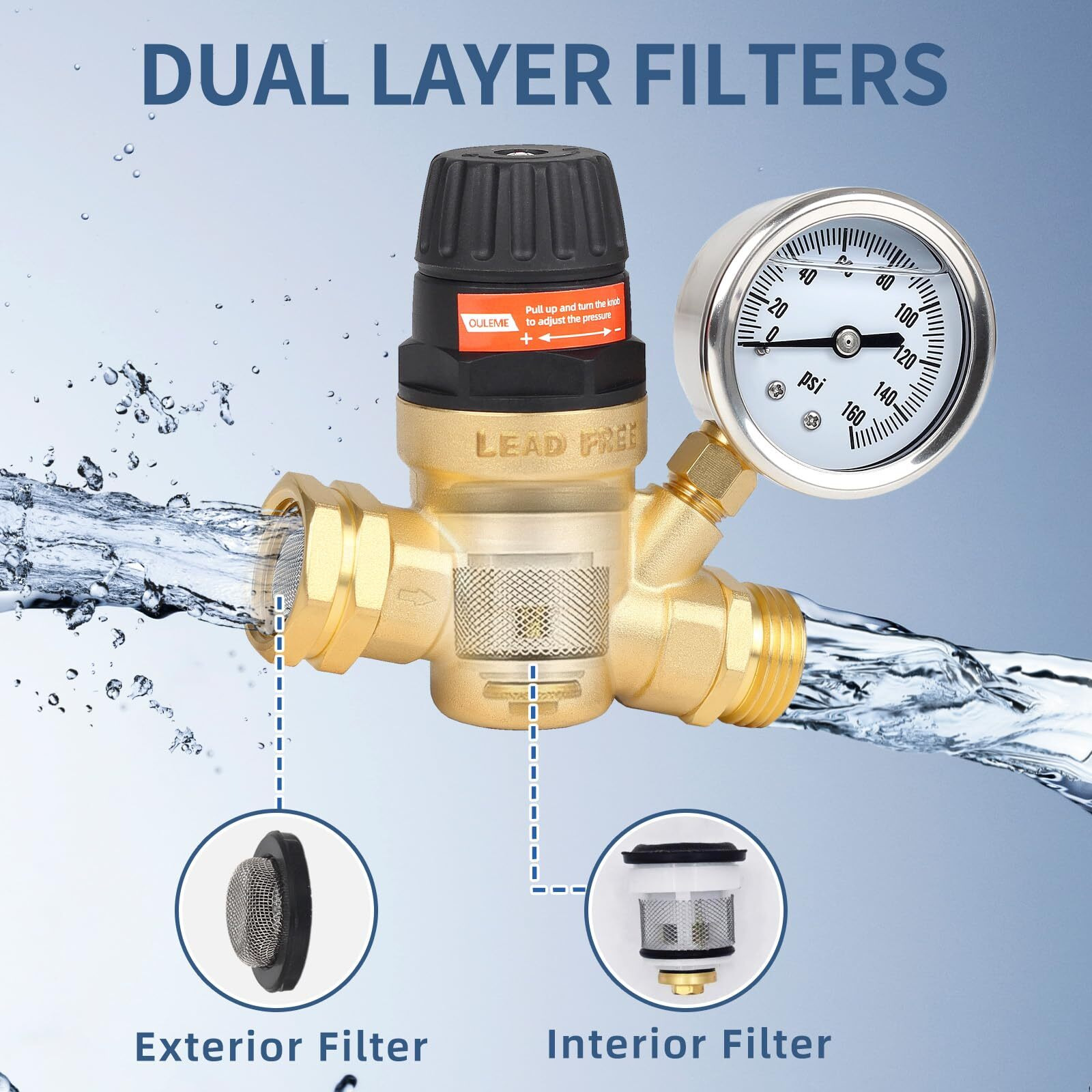 Ouleme Rv Water Pressure Regulator Valve With Handle Adjustable, Silicone Oil Gauge, Double Filters, Brass Lead-Free And 3/4"" Connector For Camper Travel Trailer Water Pressure Control