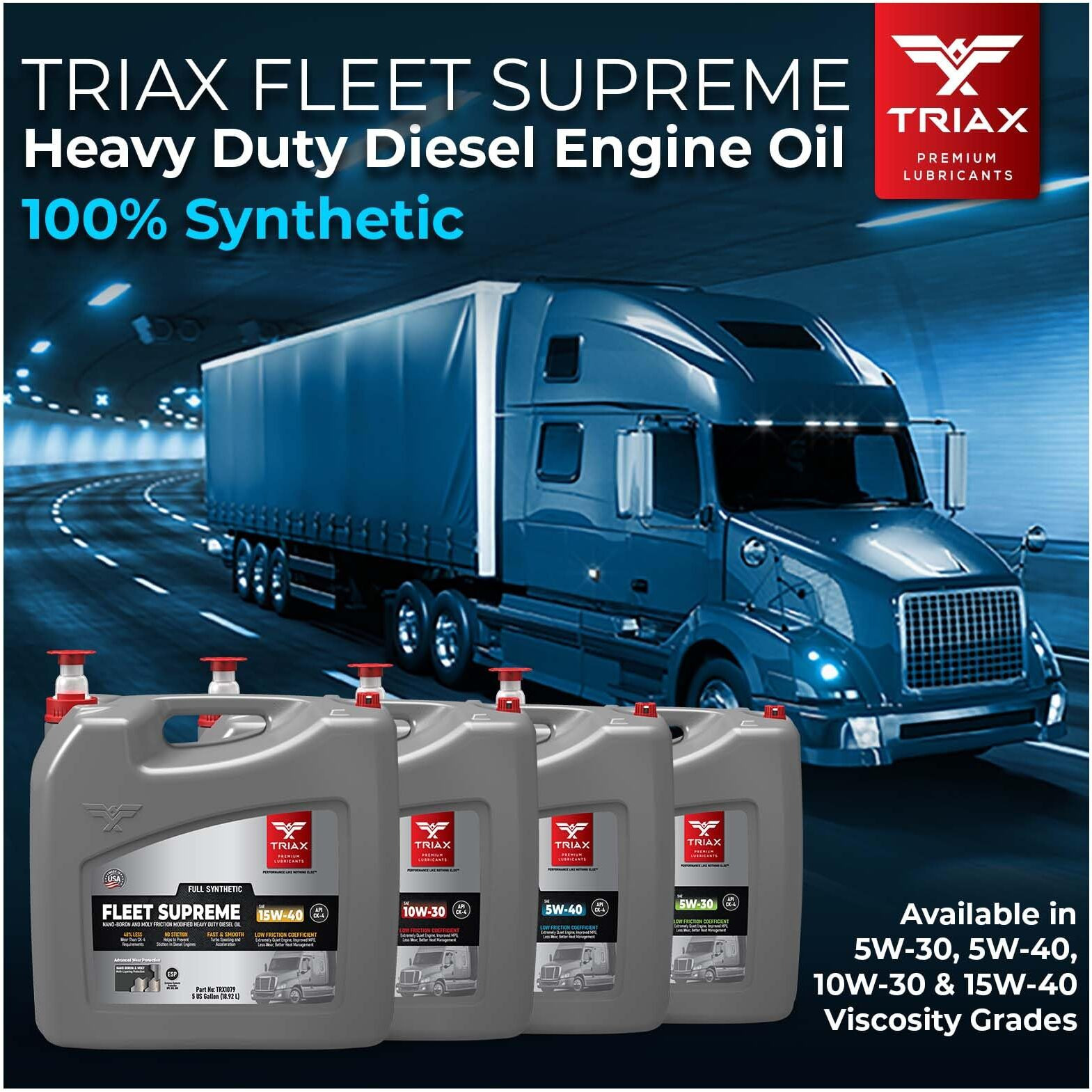 Triax Fleet Supreme 10W-30 Esp Ultimate Full Synthetic, Friction Modified, Api Ck-4, Heavy Duty Diesel Engine Oil With Moly, Performance Boosted, Compatible With Powerstroke Engines (5 Gallon)