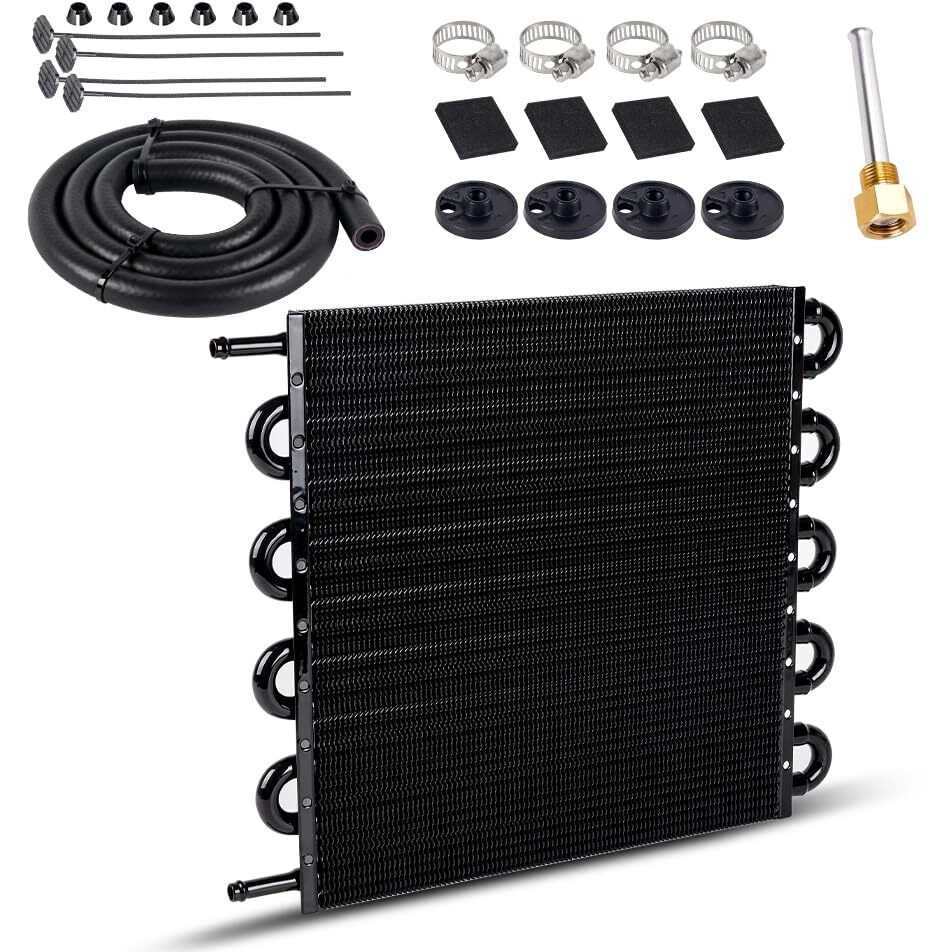 10 Pass Aluminum Remote 5/16"" Engine Oil Cooler Radiator, 10 Row Transmission Cooler With Hose Mounting Kit