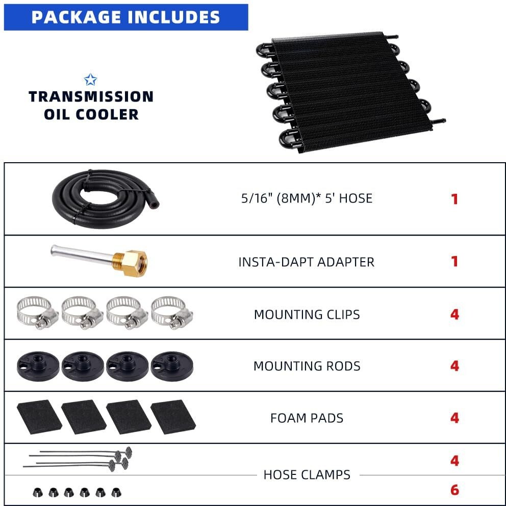 10 Pass Aluminum Remote 5/16"" Engine Oil Cooler Radiator, 10 Row Transmission Cooler With Hose Mounting Kit