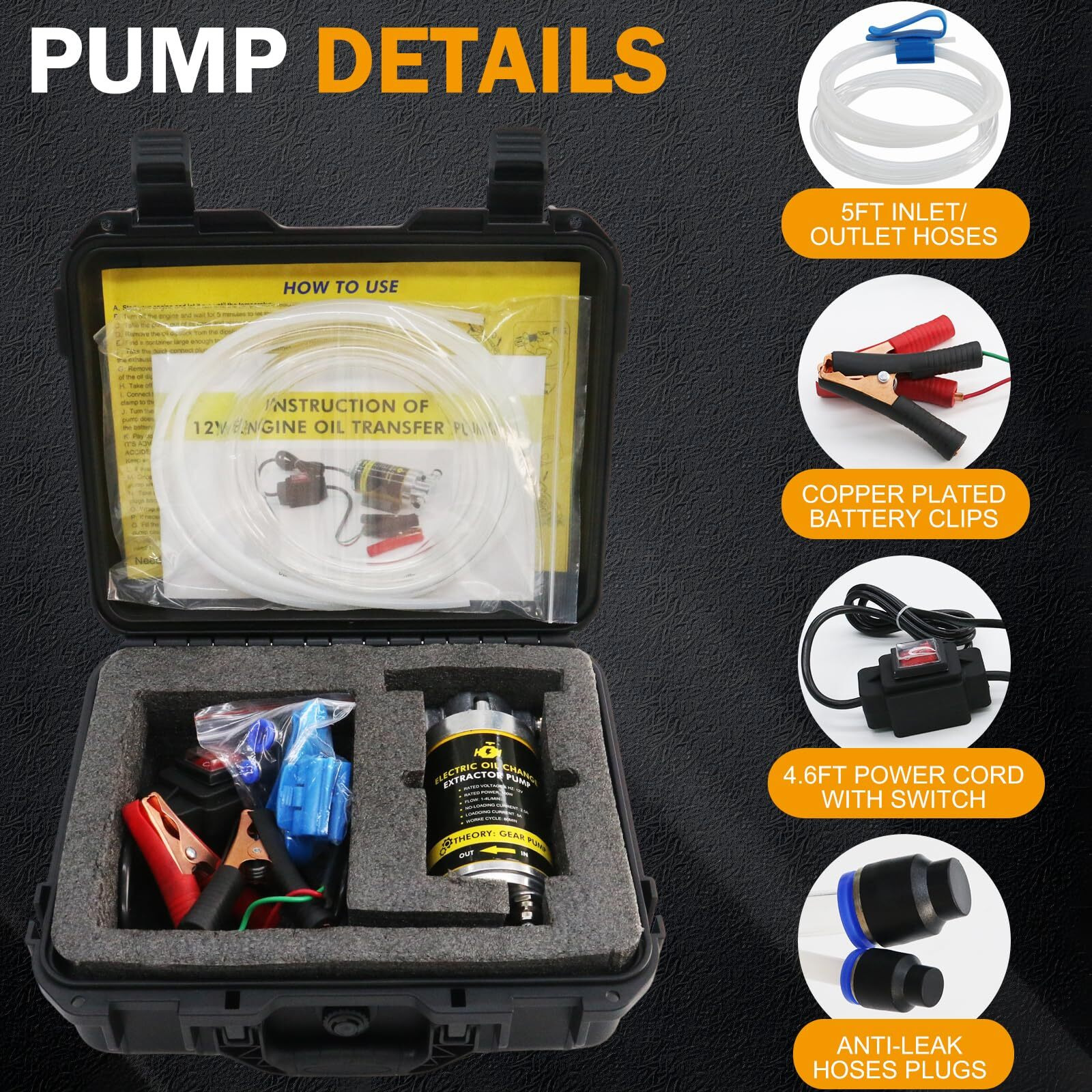 Milado 12V 100W Electric Oil Change Extractor Pump Set,1-4L/Min Fluid Transfer Pump For Engine Oil, Diesel Oil, Transmission Fluid, Gear Oil, Suitable For Boat, Car, Truck, Motorcycle, Lawnmower