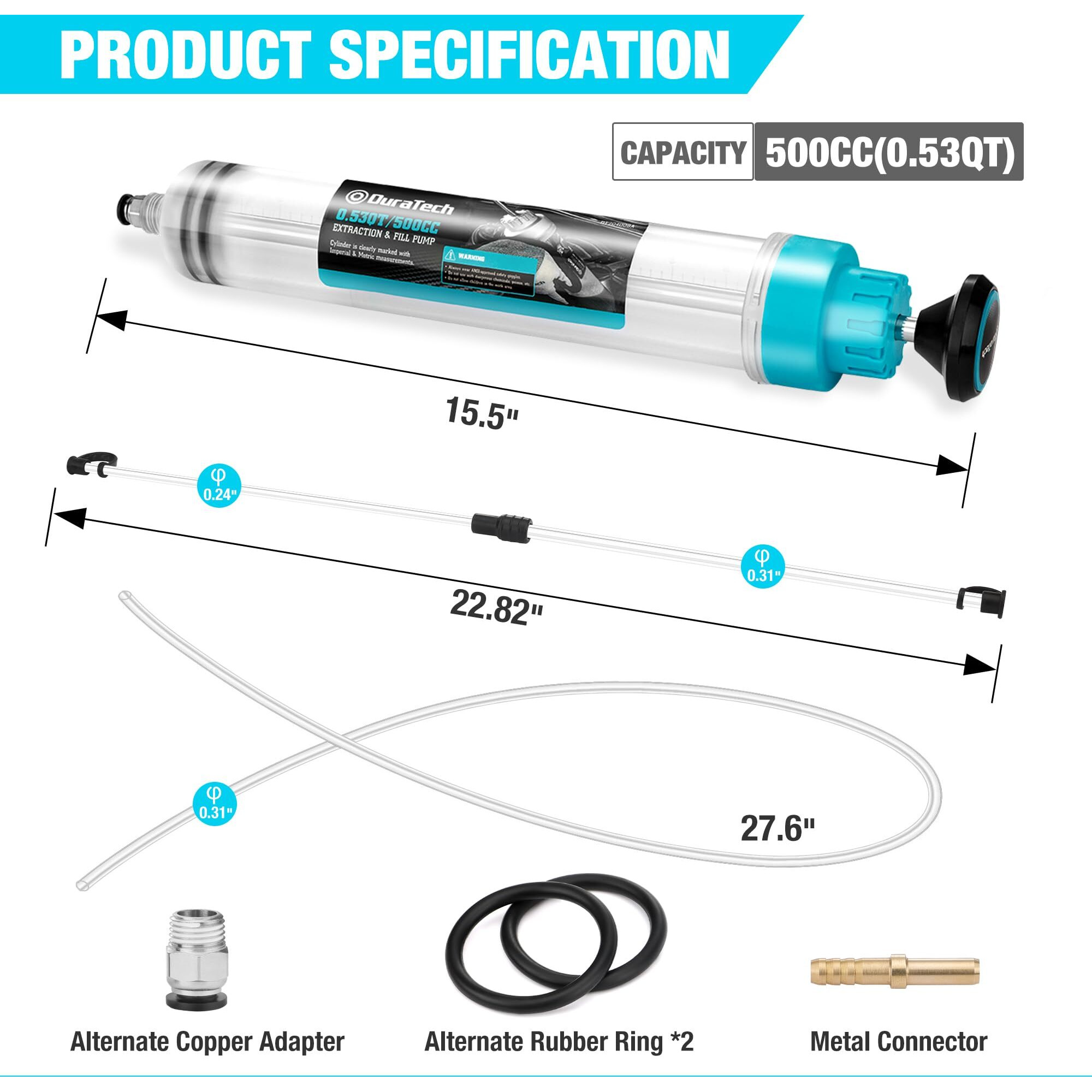 Duratech 500Cc Fluid Extractor, Oil Extractor With Long Hose And Extension Tubes, Brake Fluid Extractor, Fluid Pump Automotive, Suction Pump For Lawn Mowers Cars Ships Golf Carts