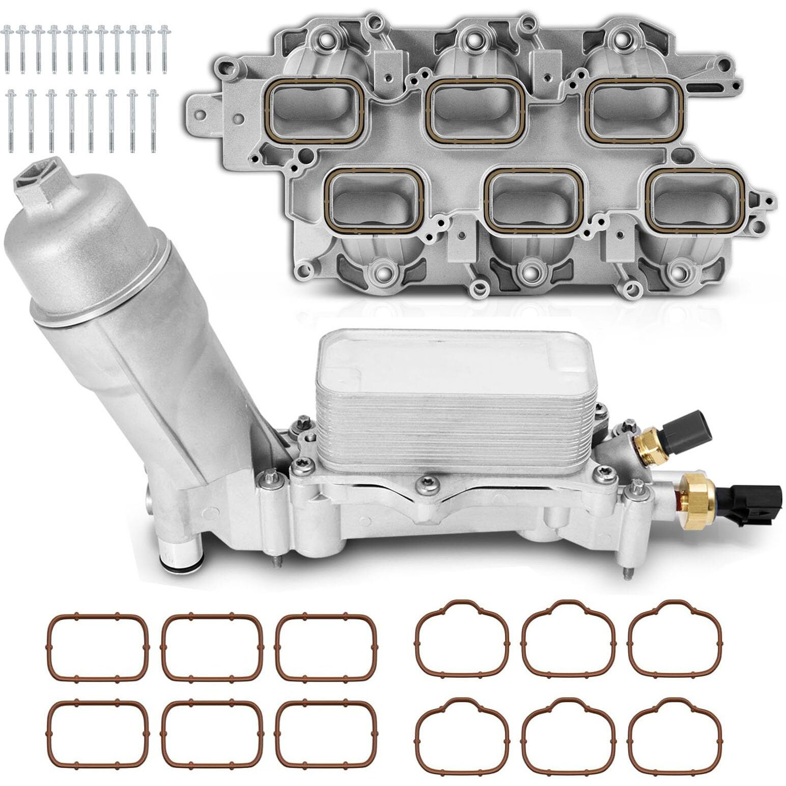 Upgraded Full Aluminum Engine Lower Intake Manifold With Gasket & Engine Oil Filter Housing With Oil Cooler Sensors And Gaskets Compatible With Dodge Charger Challenger Journey Jeep Wrangler