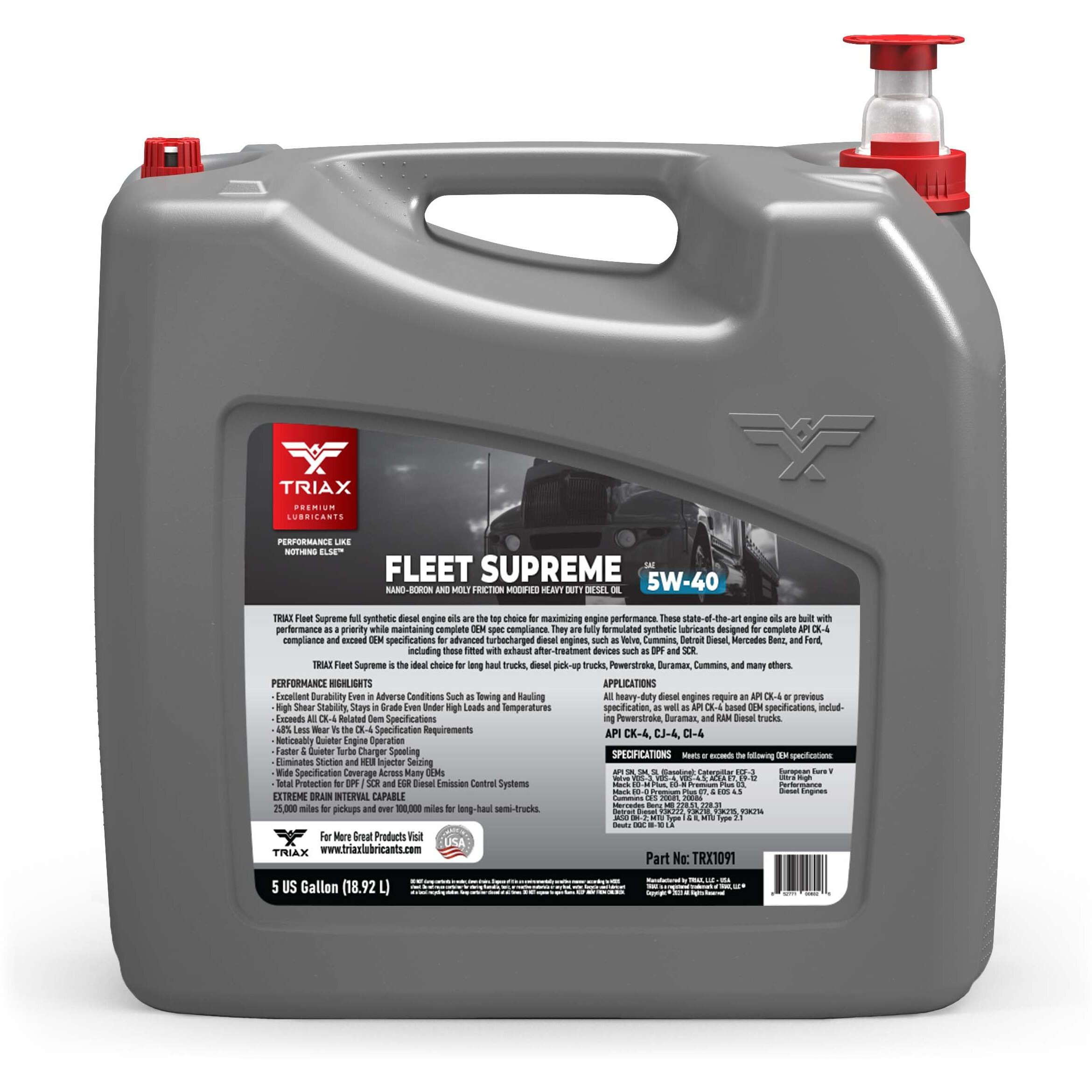 Triax Fleet Supreme 5W-40 Esp Api Ck-4 Full Synthetic Diesel Engine Oil, Friction Optimized And Boosted With Molybdenum And Nano-Boron, Superb Powerstroke Performance (5 Gallon)