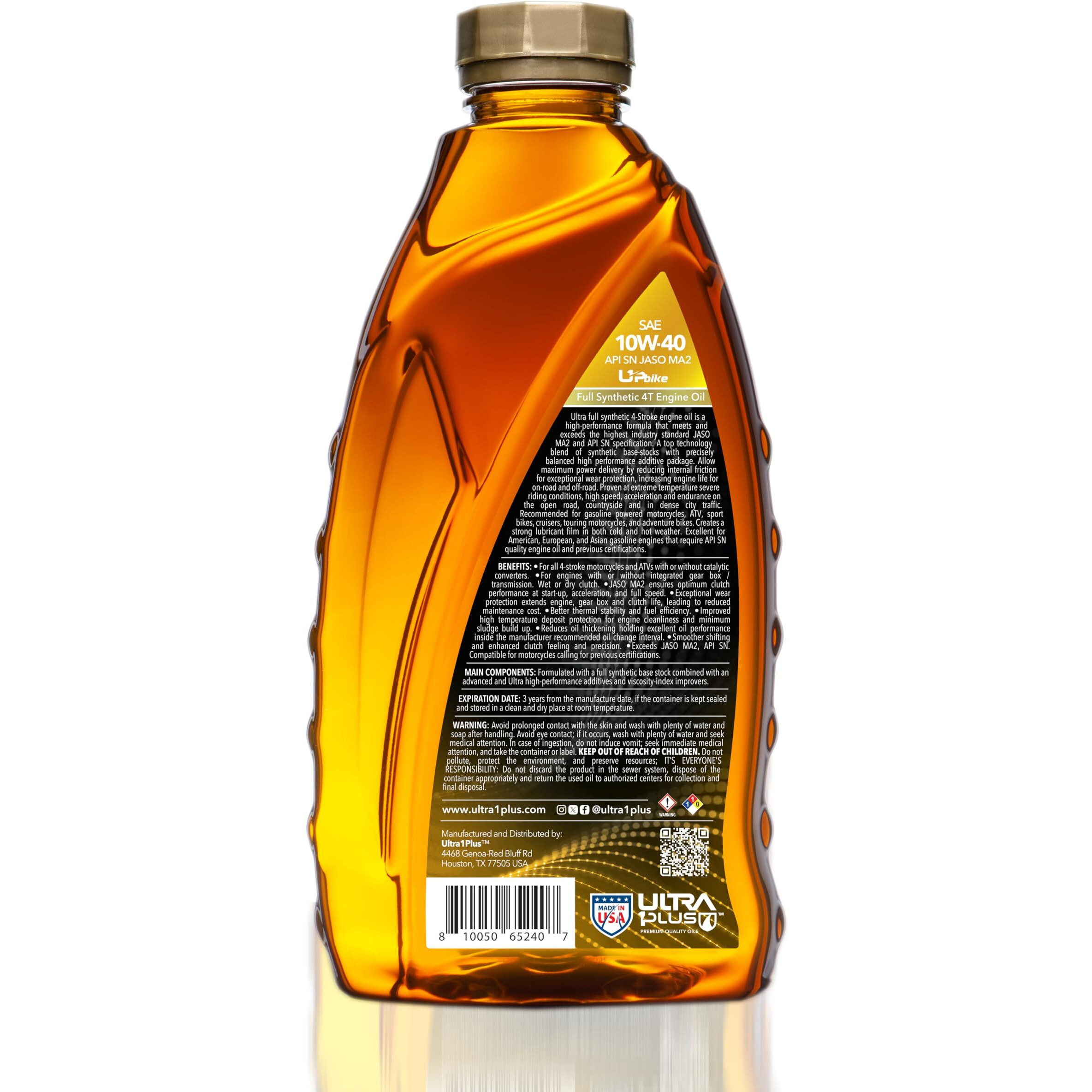 Ultra 1Plus 4T 10W-40 Full Synthetic Motorcycle Oil Api Sn Jaso Ma2-10W40 Motor Oil, 12 Qts