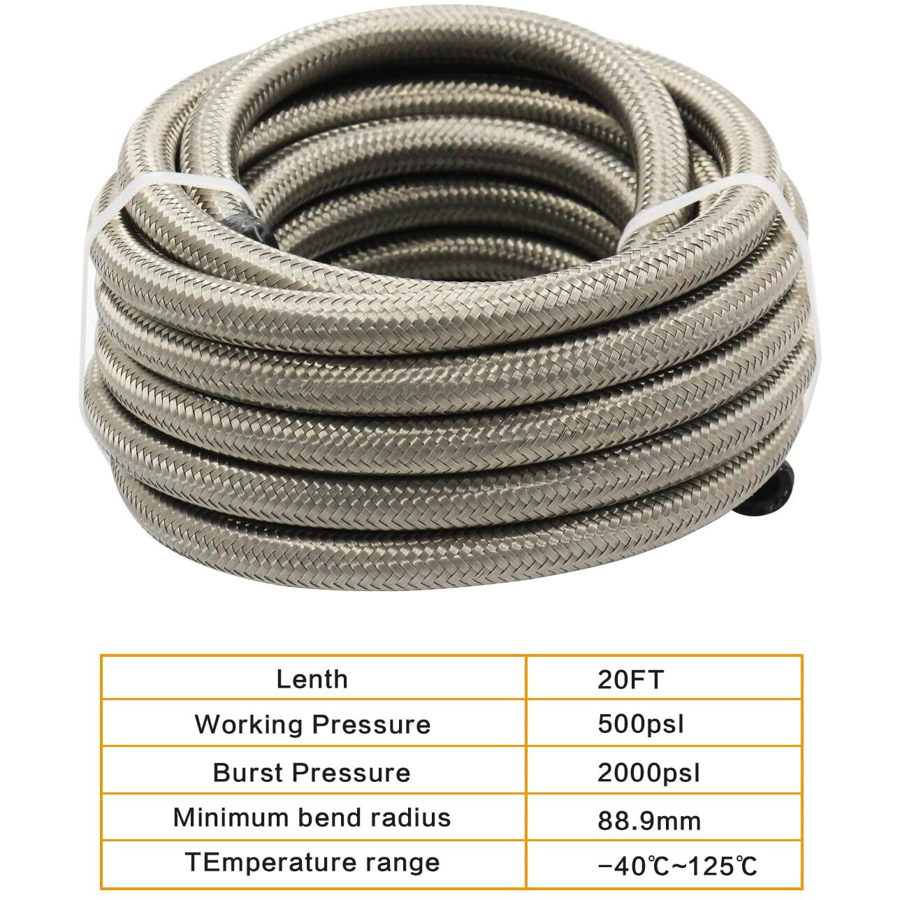 8An 20Ft Fuel Line Hose Kit With Fitting, Stainless Steel Braided 1/2"" Cpe Fuel Oil Hose- 11.12Mm Id (An8, Stainless Steel)