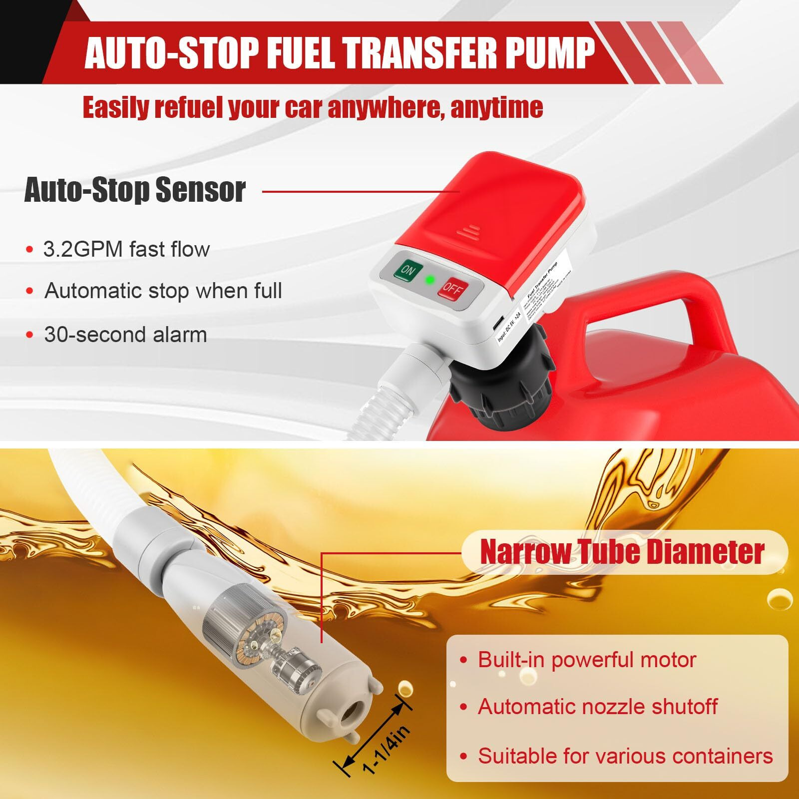 Automatic Fuel Transfer Pump With Auto-Stop Sensor, 3.2 Gpm, 51'' Hose, Gas Can Pump With 4 Can Adapters, Upgraded Usb Or Battery-Powered Portable Liquid Gas Pump For Gas Can Gasoline, Diesel, Oil