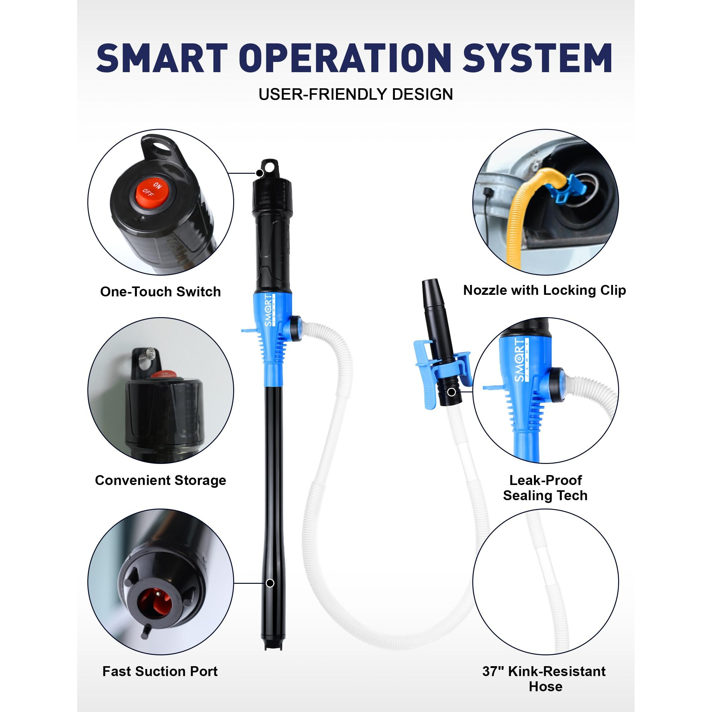 Smart Jerry - Battery Operated Fuel Pump | Electric Oil Transfer Pump For Gasoline, Diesel, Water, Transmission | 3 Gpm Hand Pump With Locking Clip, Water Siphon Pump