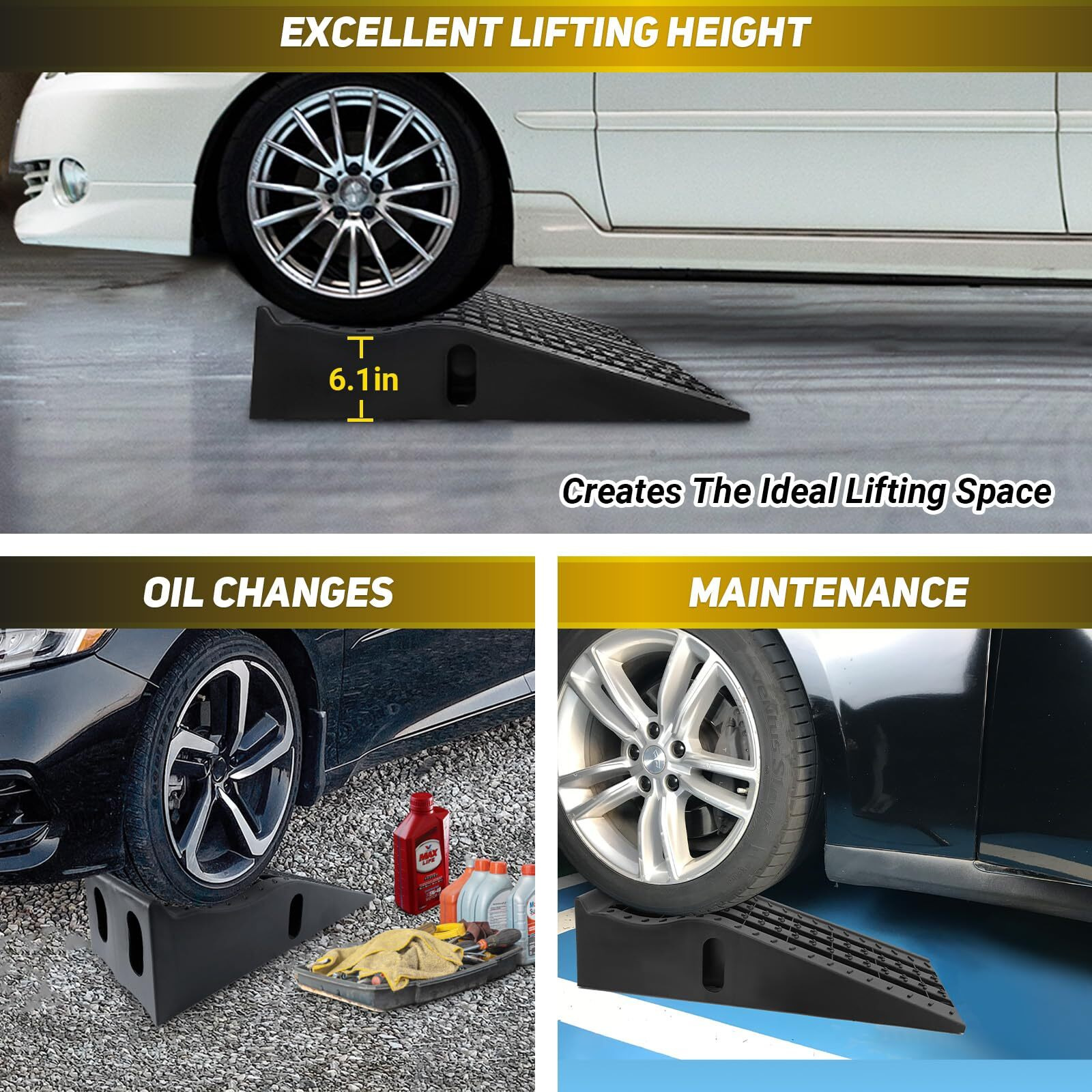 Hoxwell Portable Car Ramps For Oil Changes High Lift, Heavy Duty Plastic Low Profile Car Ramps For Jack Support, Vehicle Ramps For Garage, 35.63''X12''X8.07'', Gvw 13000 Lbs, 2 Packs