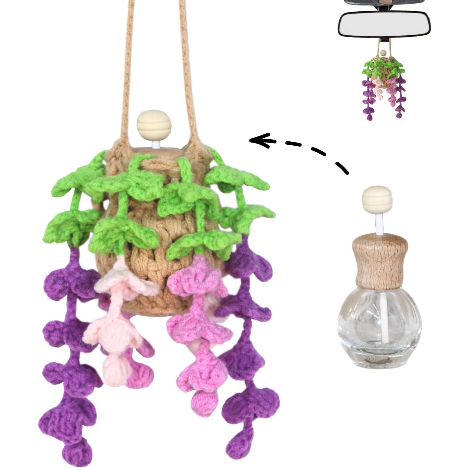Cute Car Air Freshener 12Ml Empty Refillable Essential Oil Car Diffuser Bottle With Cute Crochet Car Plant Wisteria,Boho Car Accessories For Car Mirror Decor Hanging And Home Decorative Pendants