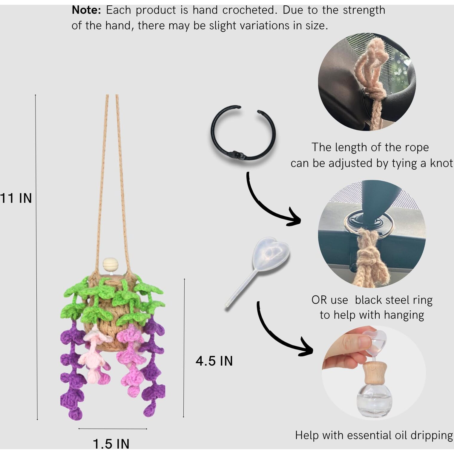 Cute Car Air Freshener 12Ml Empty Refillable Essential Oil Car Diffuser Bottle With Cute Crochet Car Plant Wisteria,Boho Car Accessories For Car Mirror Decor Hanging And Home Decorative Pendants