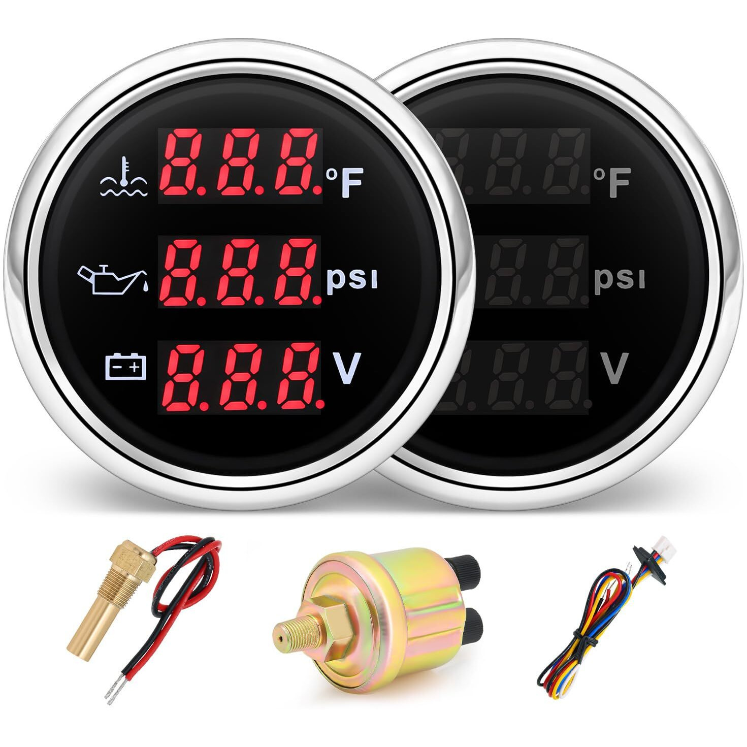 Mh Triple Gauge Set - Water Temp (104F-248F), Oil Pressure (0-145Psi), Voltmeter (9-32V), Auto Gauge With Sensors 2"" 52Mm 3-In-1 Boat Marine Meter Kit (Black And Silver)