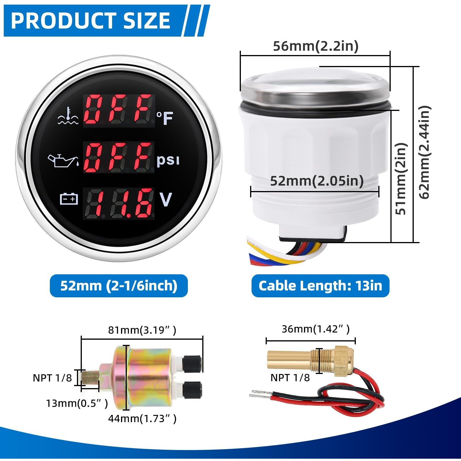 Mh Triple Gauge Set - Water Temp (104F-248F), Oil Pressure (0-145Psi), Voltmeter (9-32V), Auto Gauge With Sensors 2"" 52Mm 3-In-1 Boat Marine Meter Kit (Black And Silver)